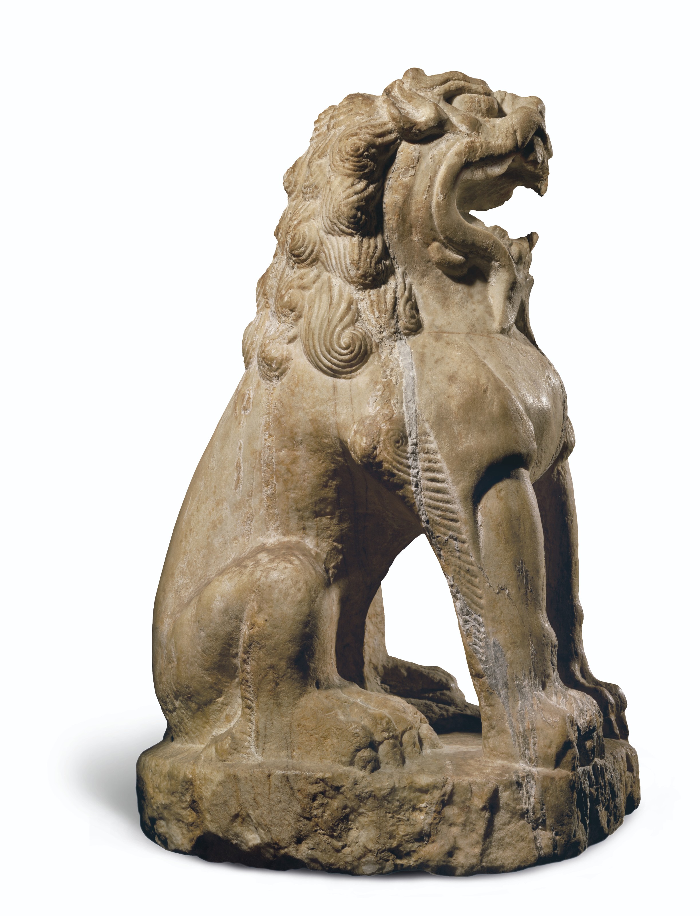 A LARGE MARBLE FIGURE OF A SEATED LION , CHINA, TANG DYNASTY (AD 618