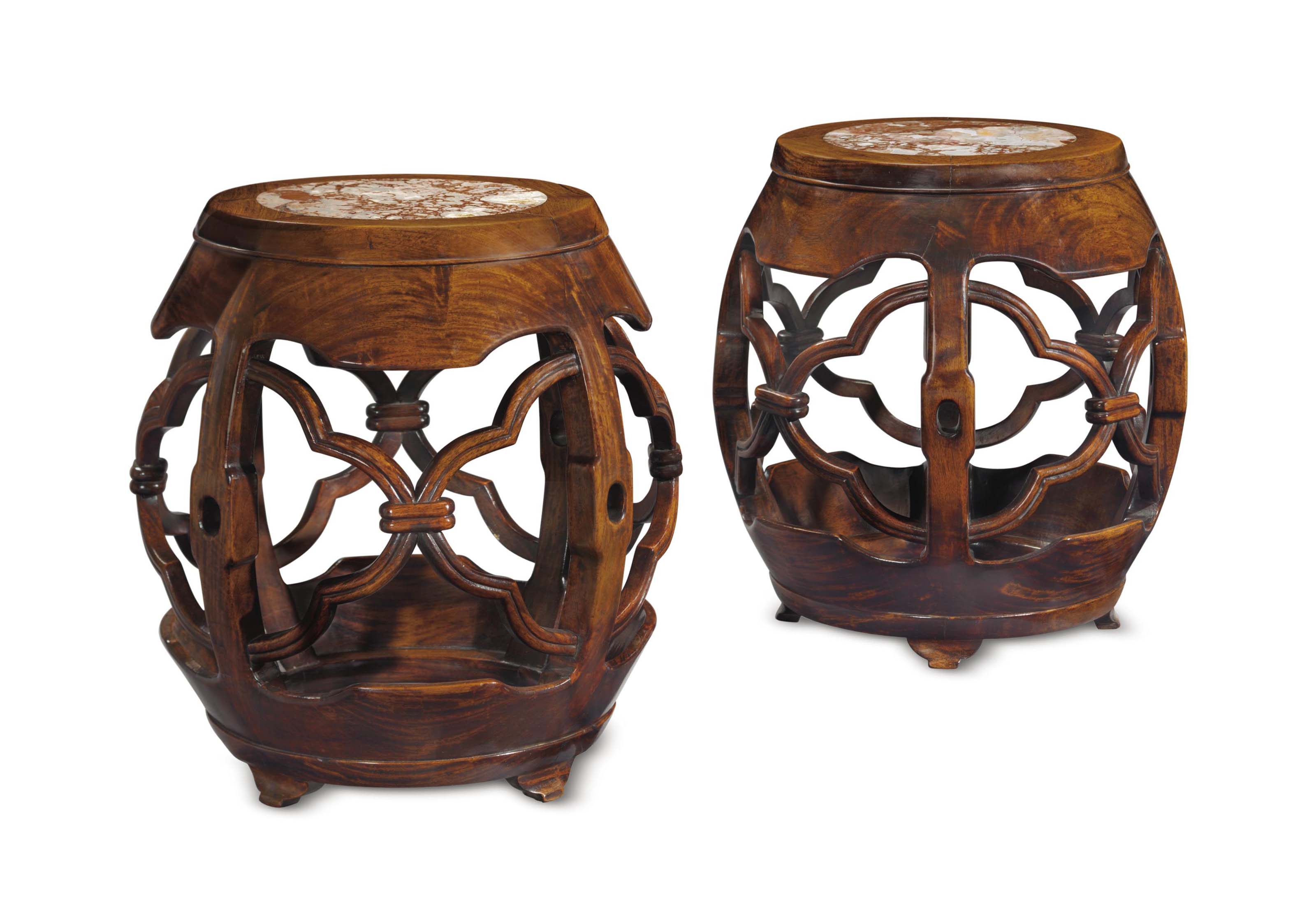 A PAIR OF MARBLEINSET HONGMU BARRELFORM DRUM STOOLS , CHINA, QING