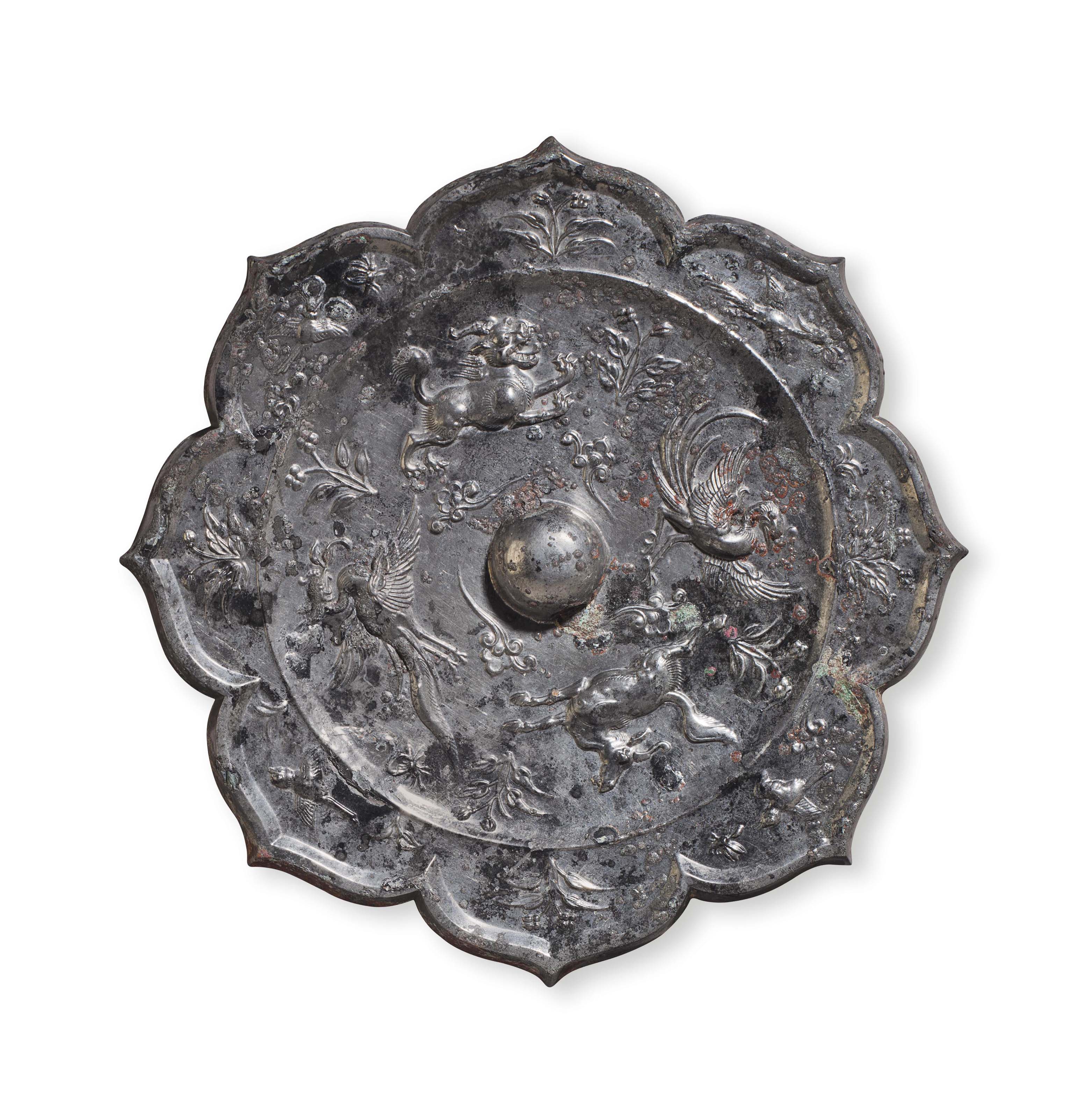 Image result for A silvery bronze petal-lobed mirror China, Tang dynasty (AD 618-907)