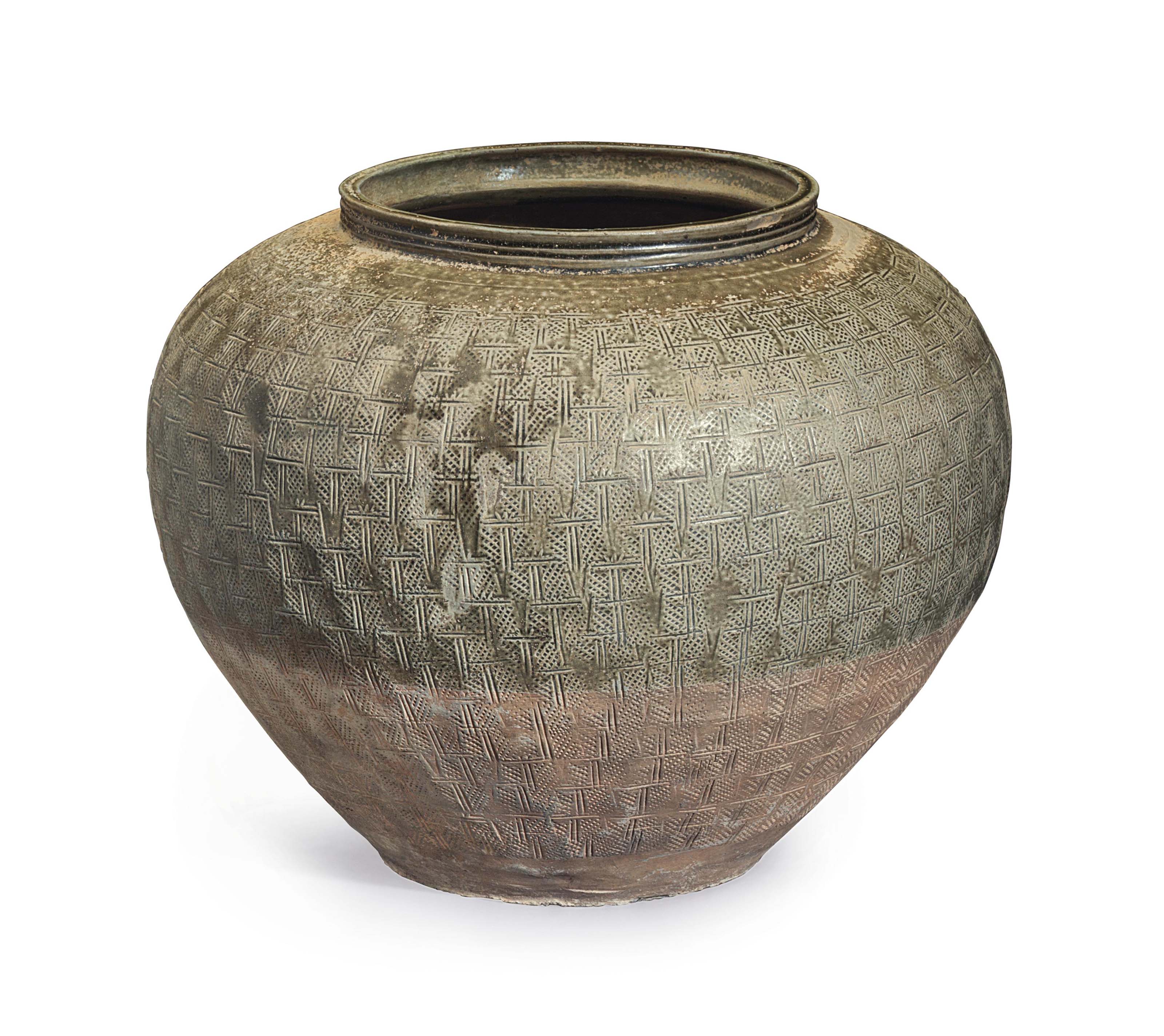 A LARGE 'ASH-GLAZED' STONEWARE JAR, CHINA, EASTERN HAN DYNASTY