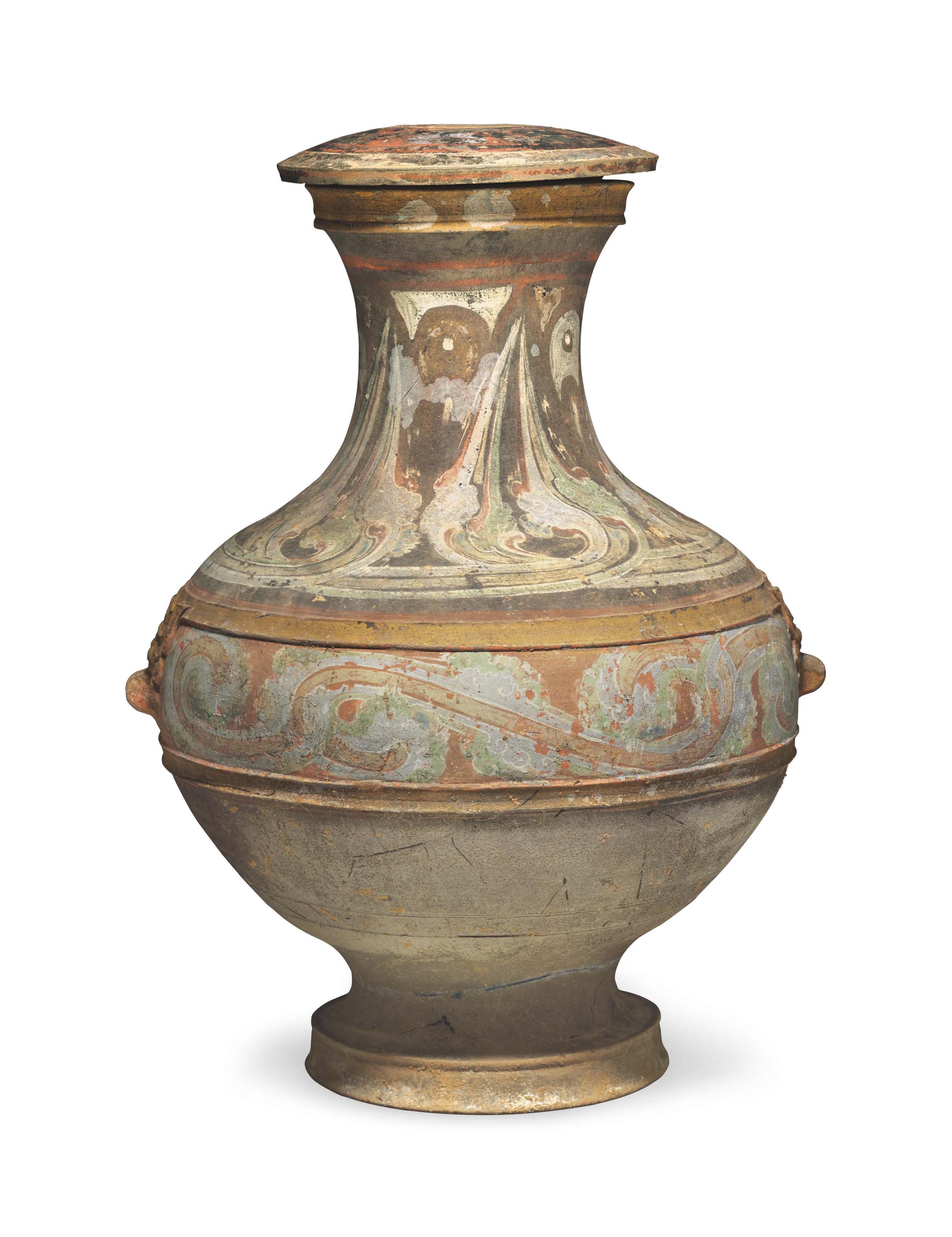 A LARGE PAINTED RED POTTERY JAR AND A COVER, HU , CHINA, WESTERN HAN