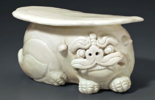 A Northern white ware figural pillow, China, 10th century. 6⅜  in (16.2  cm) wide. Sold for $149,000 on 20 March 2015  at Christie&rsquo;s in New York