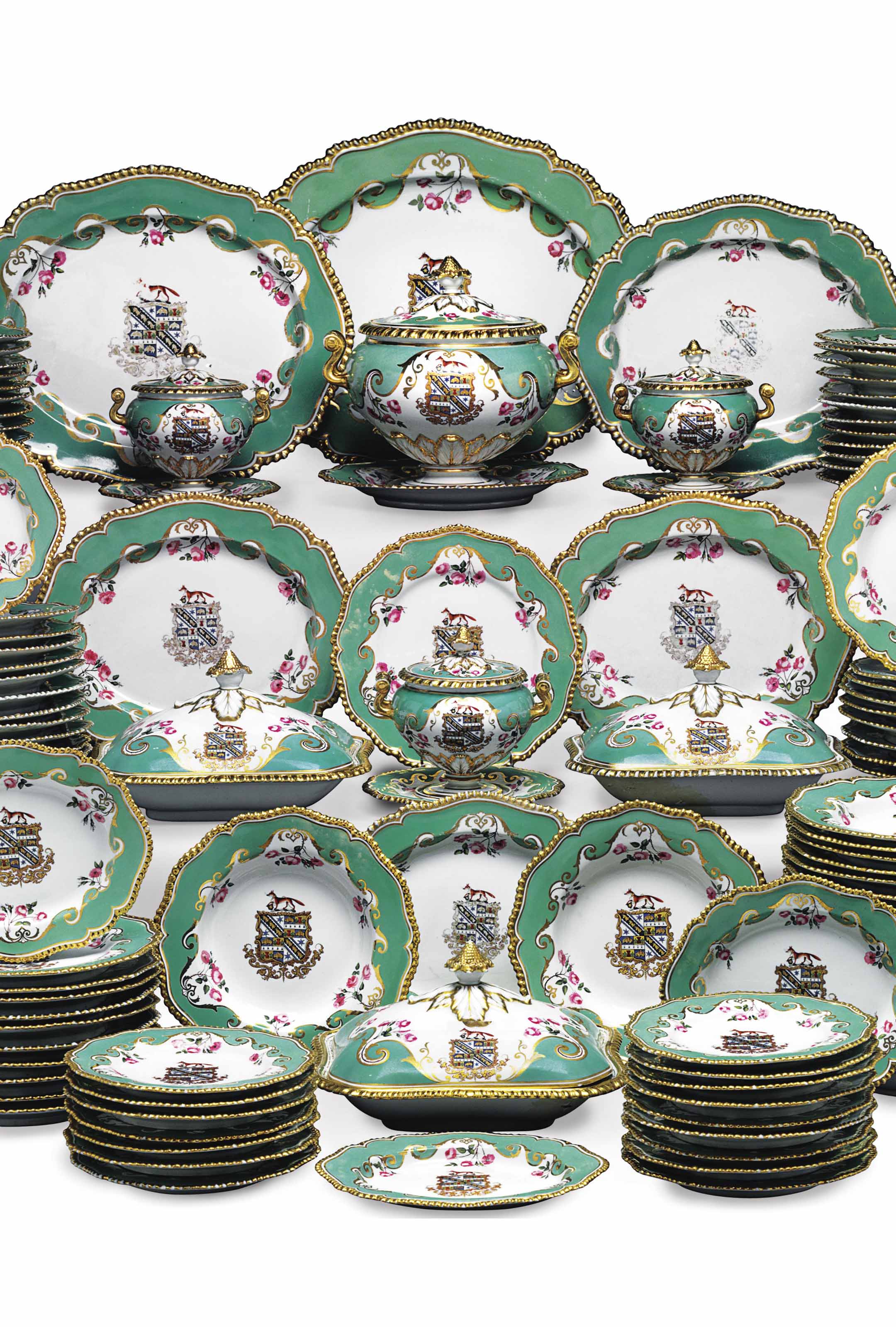 A Worcester porcelain (Flight, Barr &amp; Barr) armorial apple-green-ground part service, circa 1824. 22 in (55.8  cm) wide, the largest platter. Sold for $47,500 on 21 March 2015 at Christie&rsquo;s in New York
