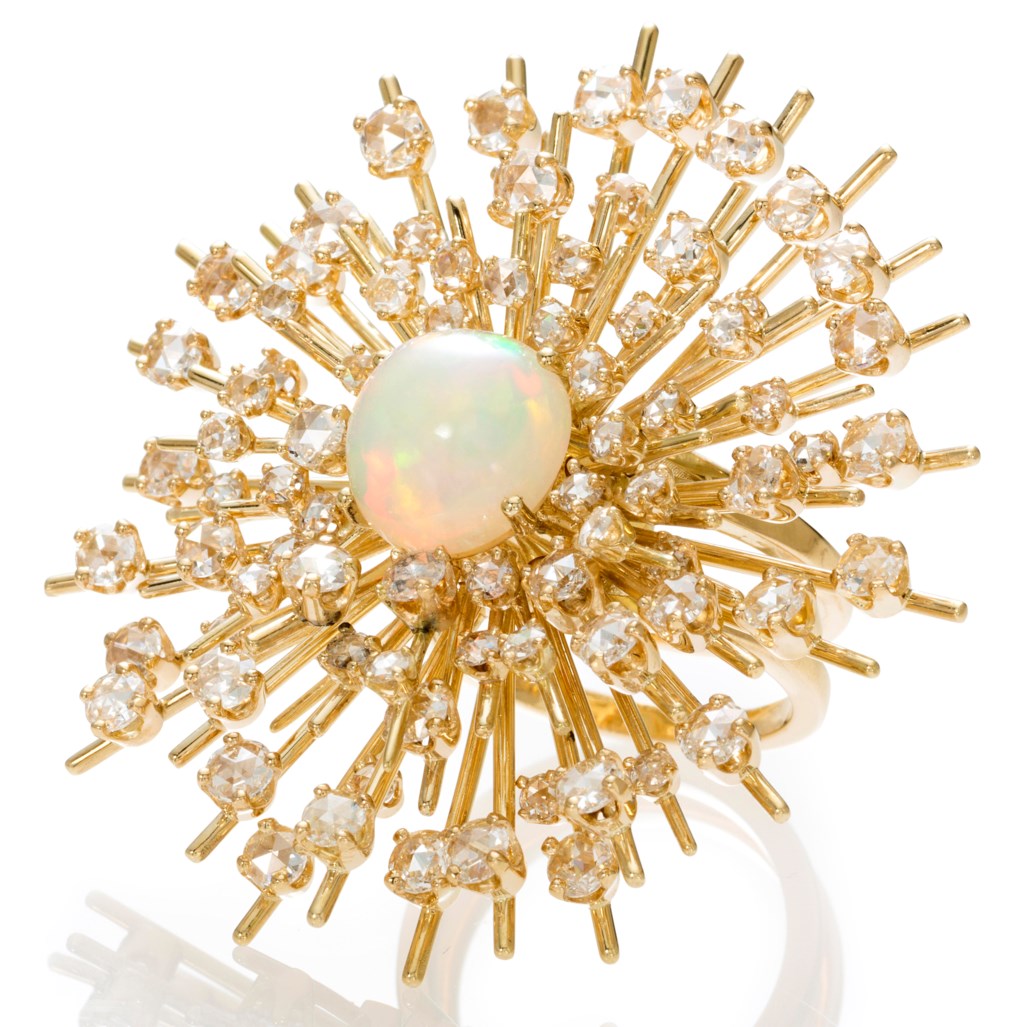 AN OPAL AND DIAMOND STARBURST RING