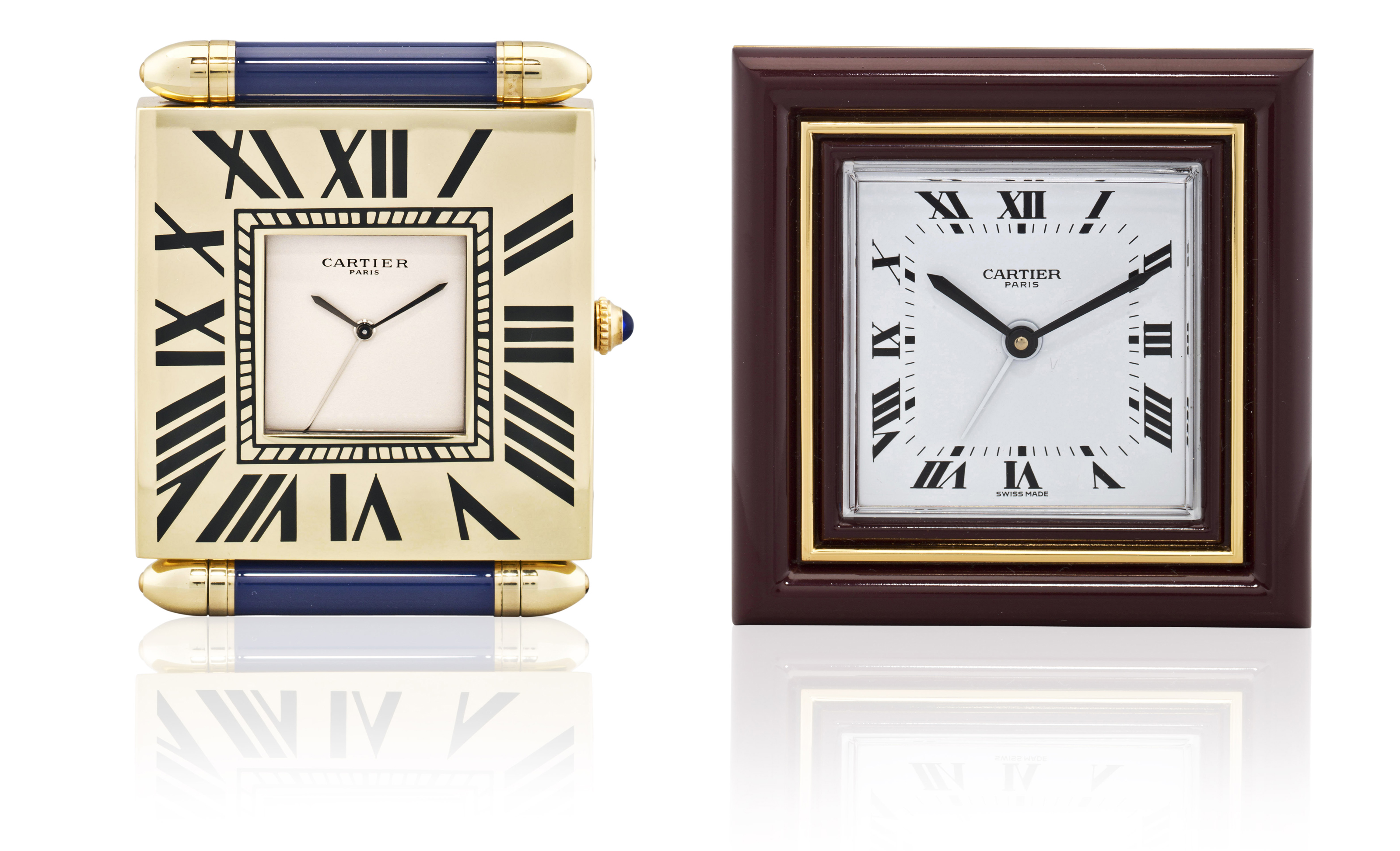 TWO CARTIER ENAMEL TRAVEL ALARM CLOCKS, | Christie's