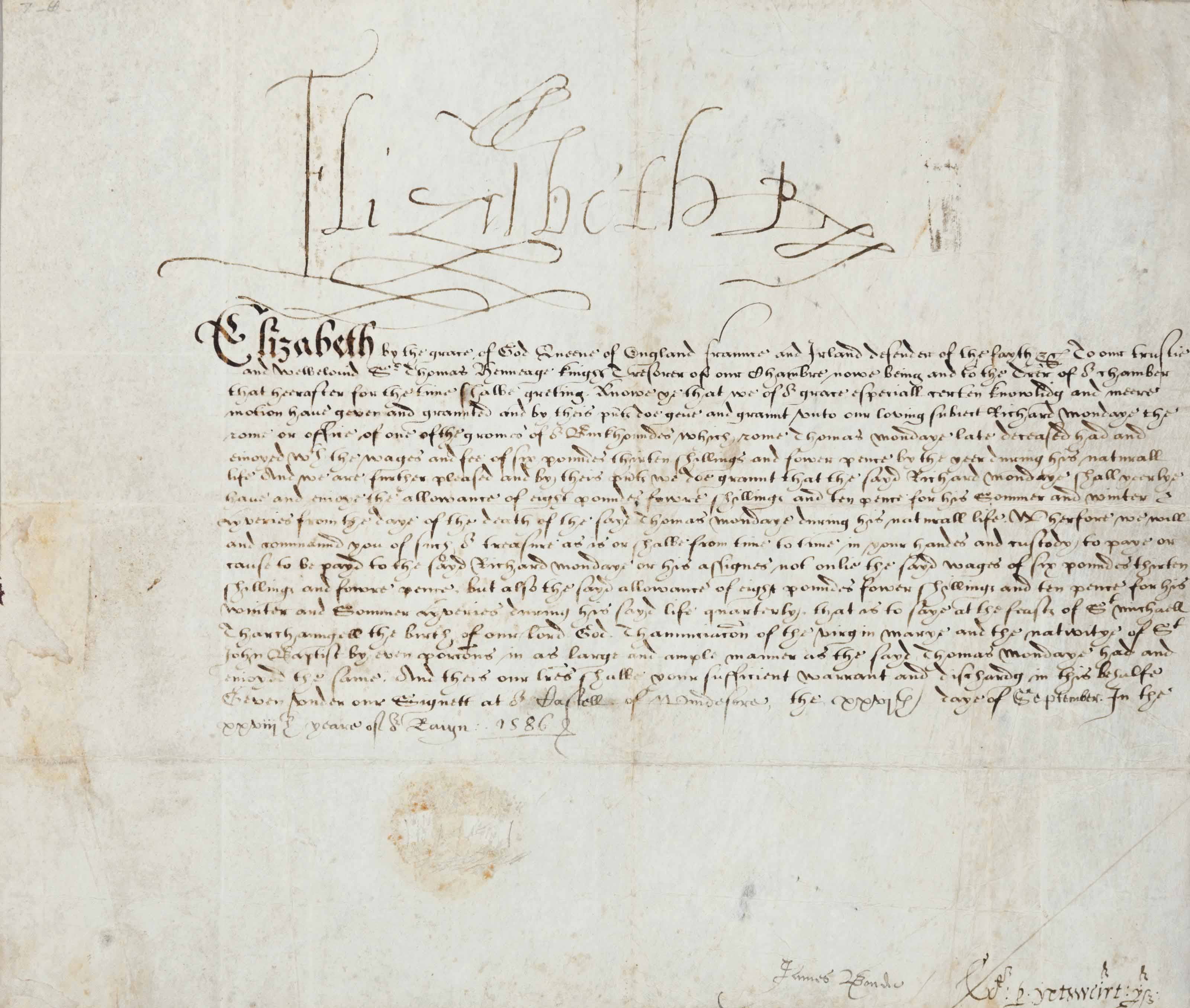 Elizabeth I 1558 1603 Queen Of England Document Signed Elizabeth R Windsor Castle 26 September 1586