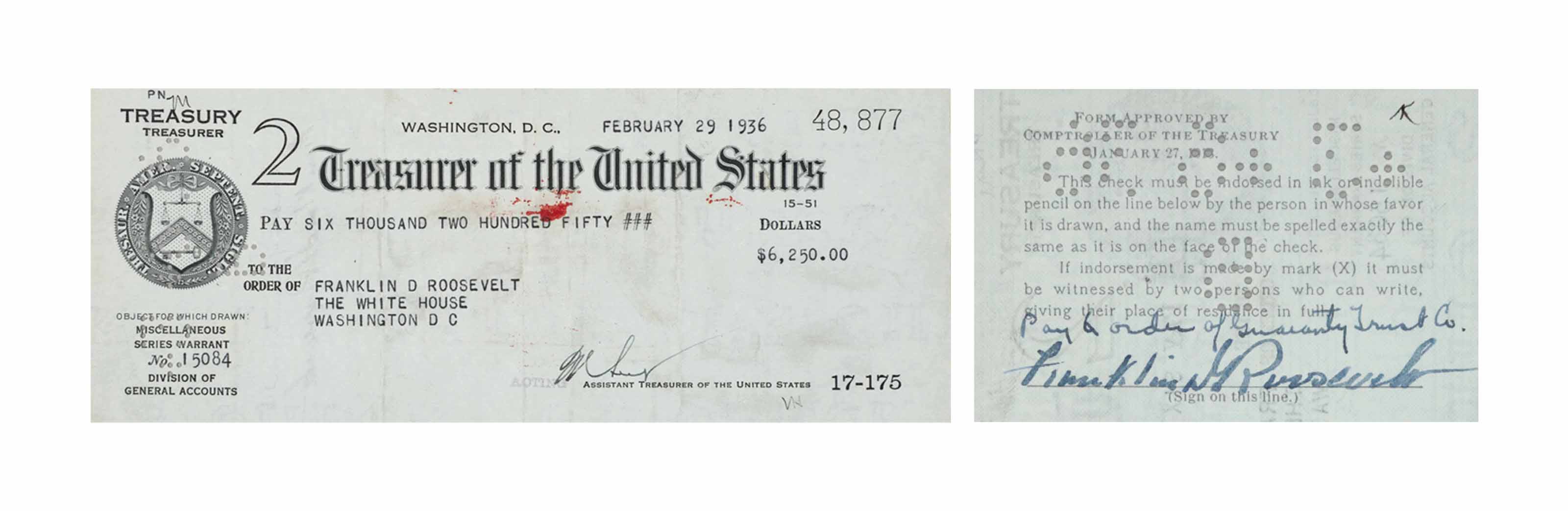 Roosevelt Franklin D Printed Check Signed On Endorsement Line On Verso Franklin D Roosevelt Washington D C 29 February 1936 1 Page Oblong With Engraving Of Treasury Dept Seal At Left Edge