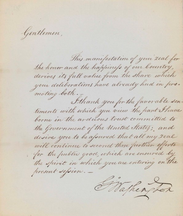 WASHINGTON, Letter signed (“Go Washington”), being his reply
