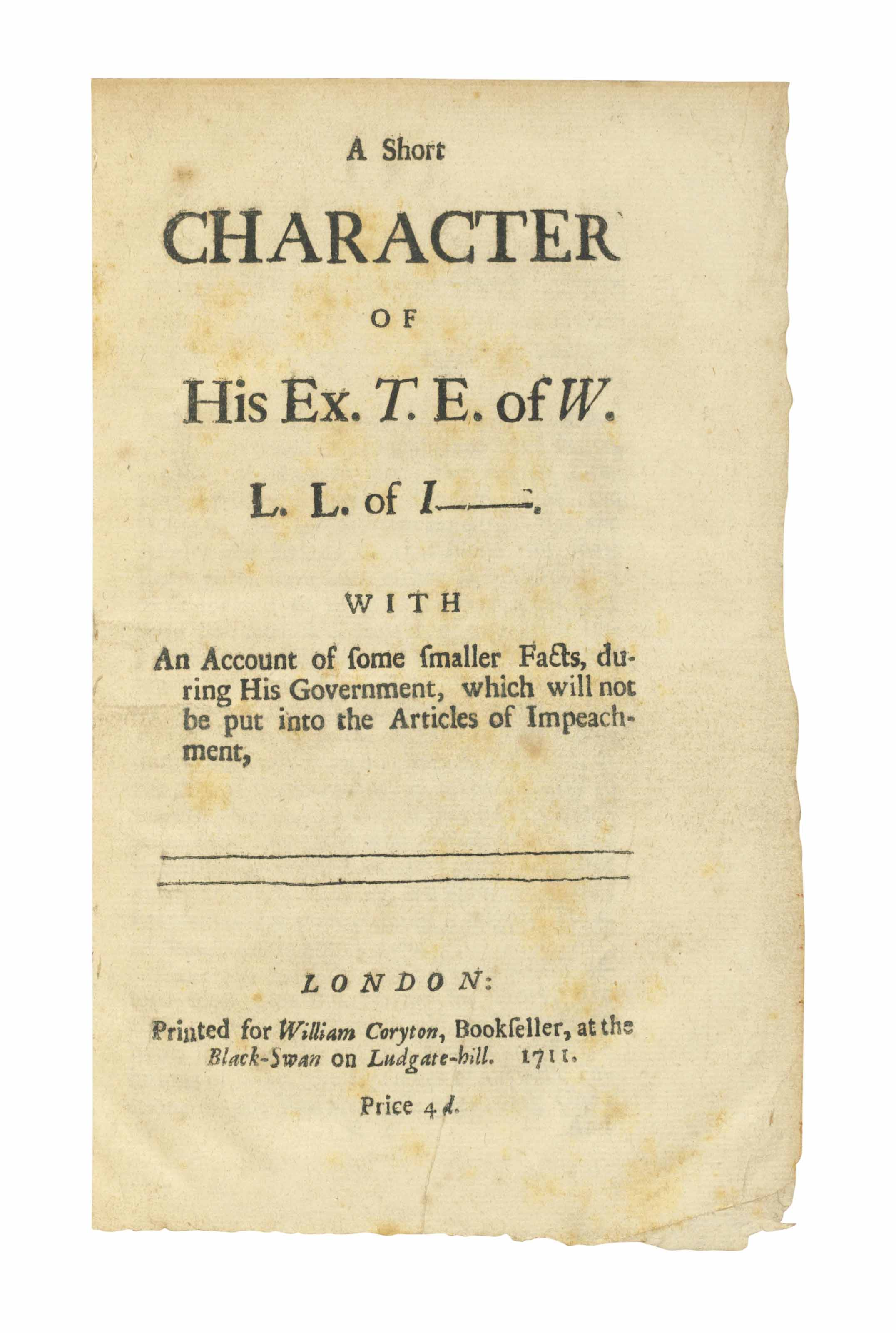 SWIFT, Jonathan] A Short Character of His Ex T E of W L L o...