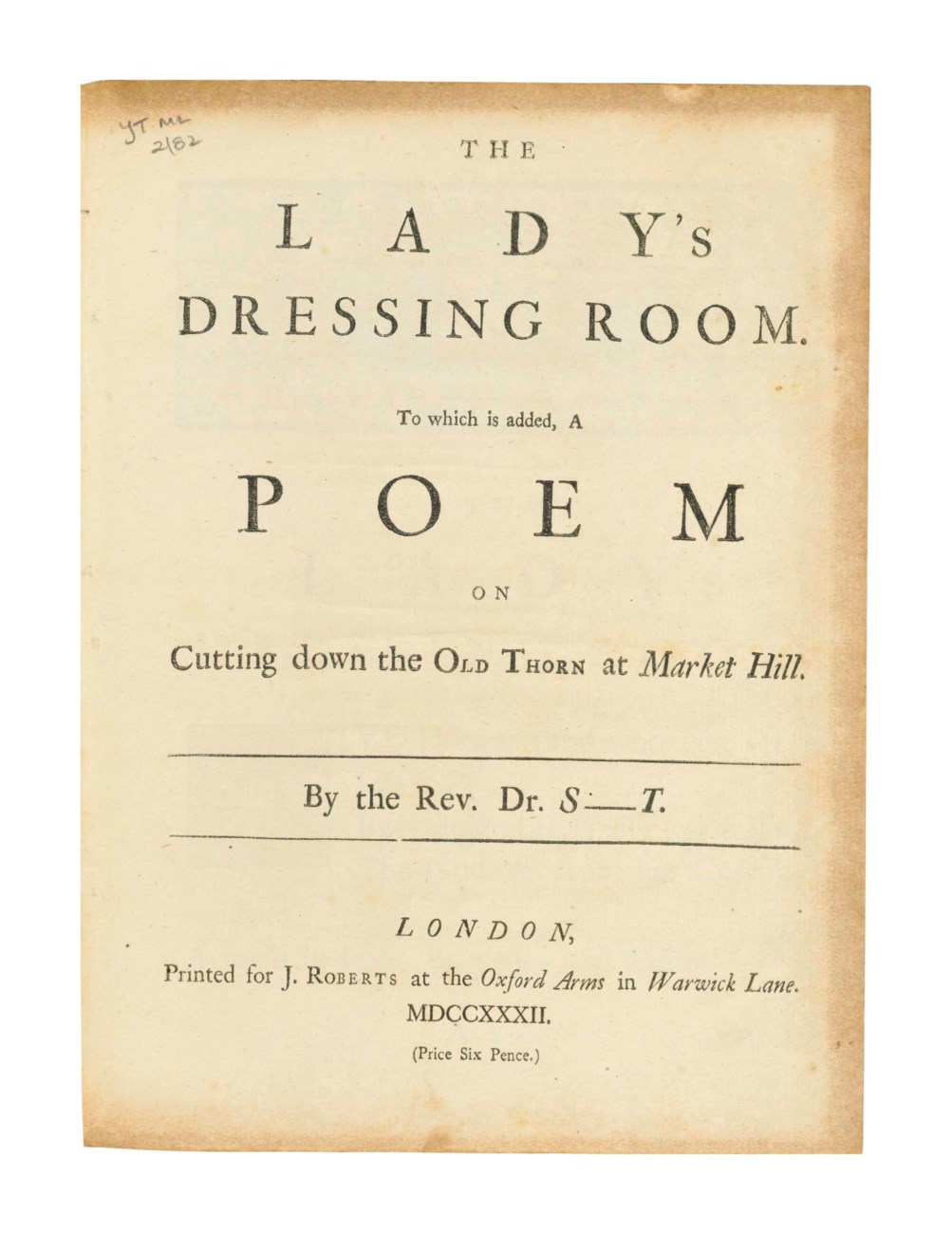 SWIFT, Jonathan. The Lady’s Dressing Room. To which is added, A Poem on cutting down the Old
