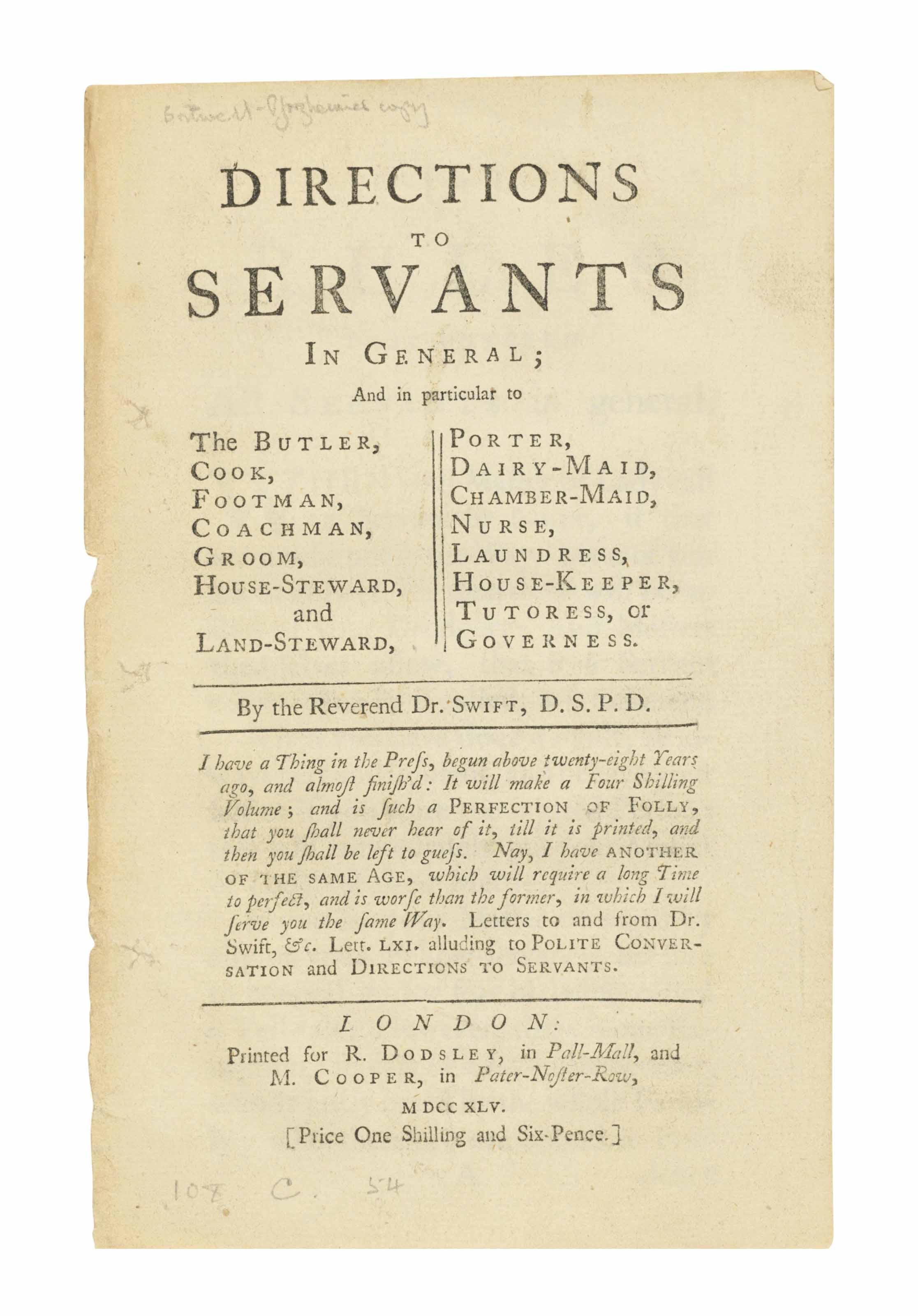 SWIFT, Jonathan. The Lady's Dressing Room. To which is added, A Poem on  cutting down the Old Thorn at Market Hill. By the Rev. Dr. S-T. London: J.  Roberts, 1732. | Christie's