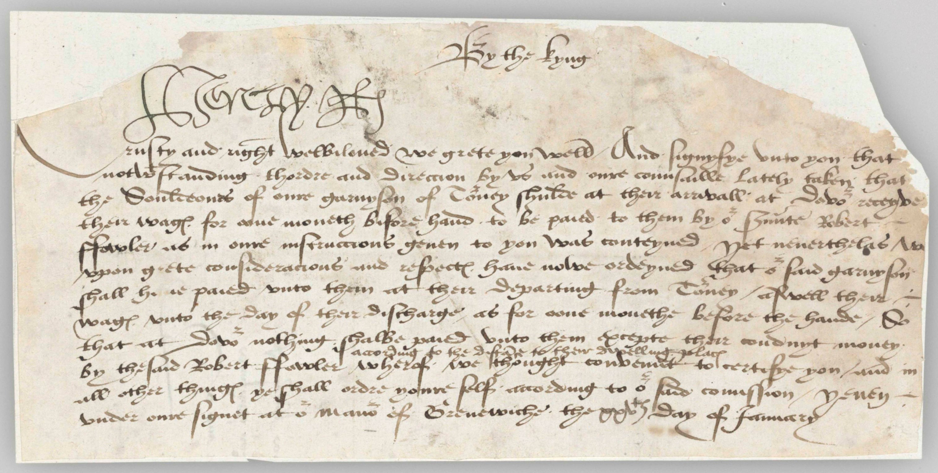 HENRY VIII. Manuscript letter signed (“Henry R”), to Sir Edward