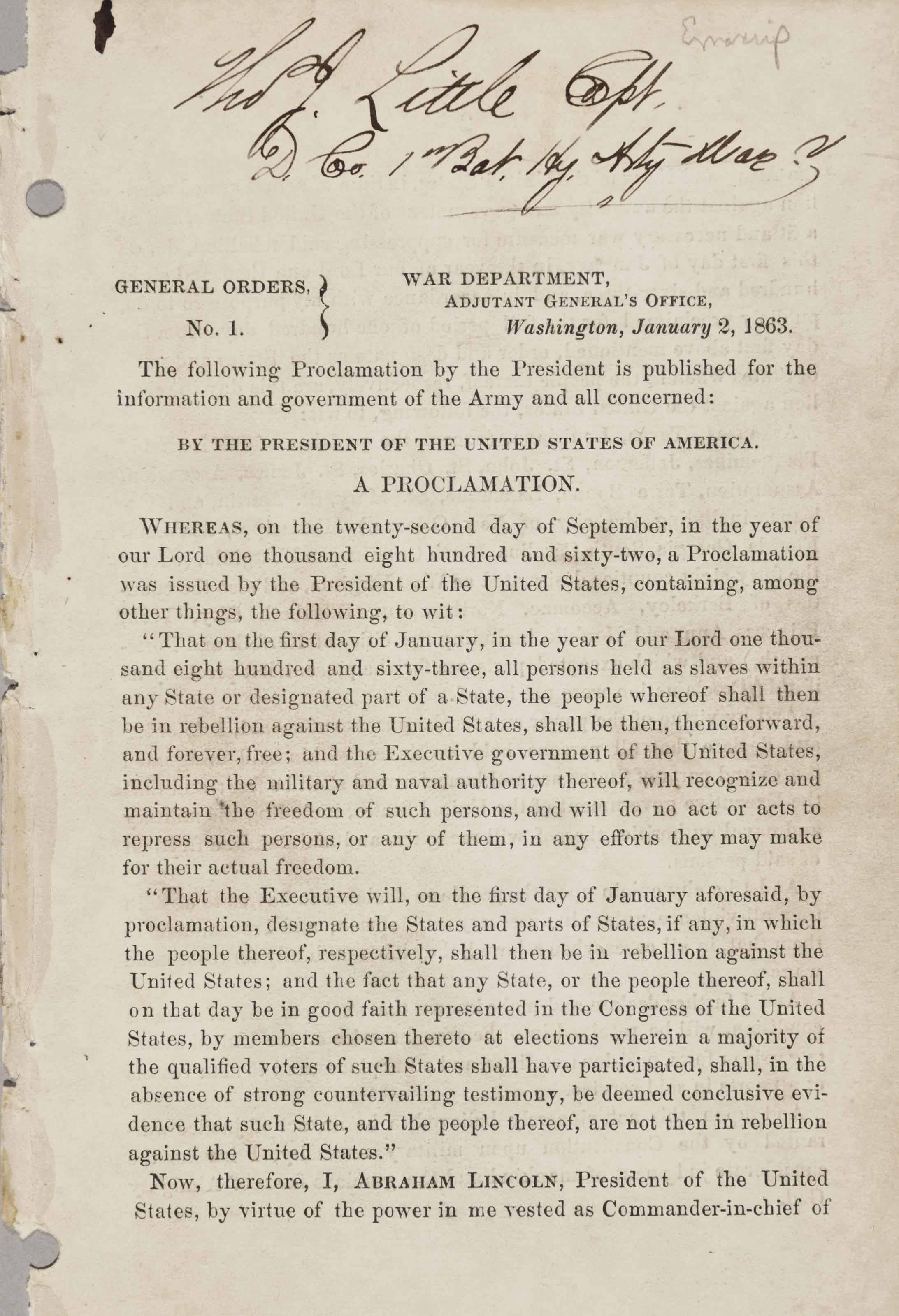 LINCOLN, Abraham. Emancipation Proclamation. General Orders, No. 1. War