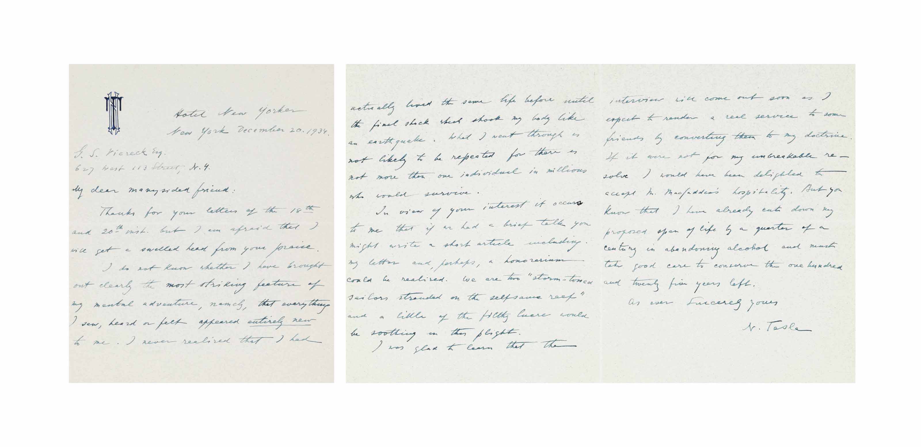 TESLA, Nikola (1856-1943), Inventor, scientist. Autograph letter signed
