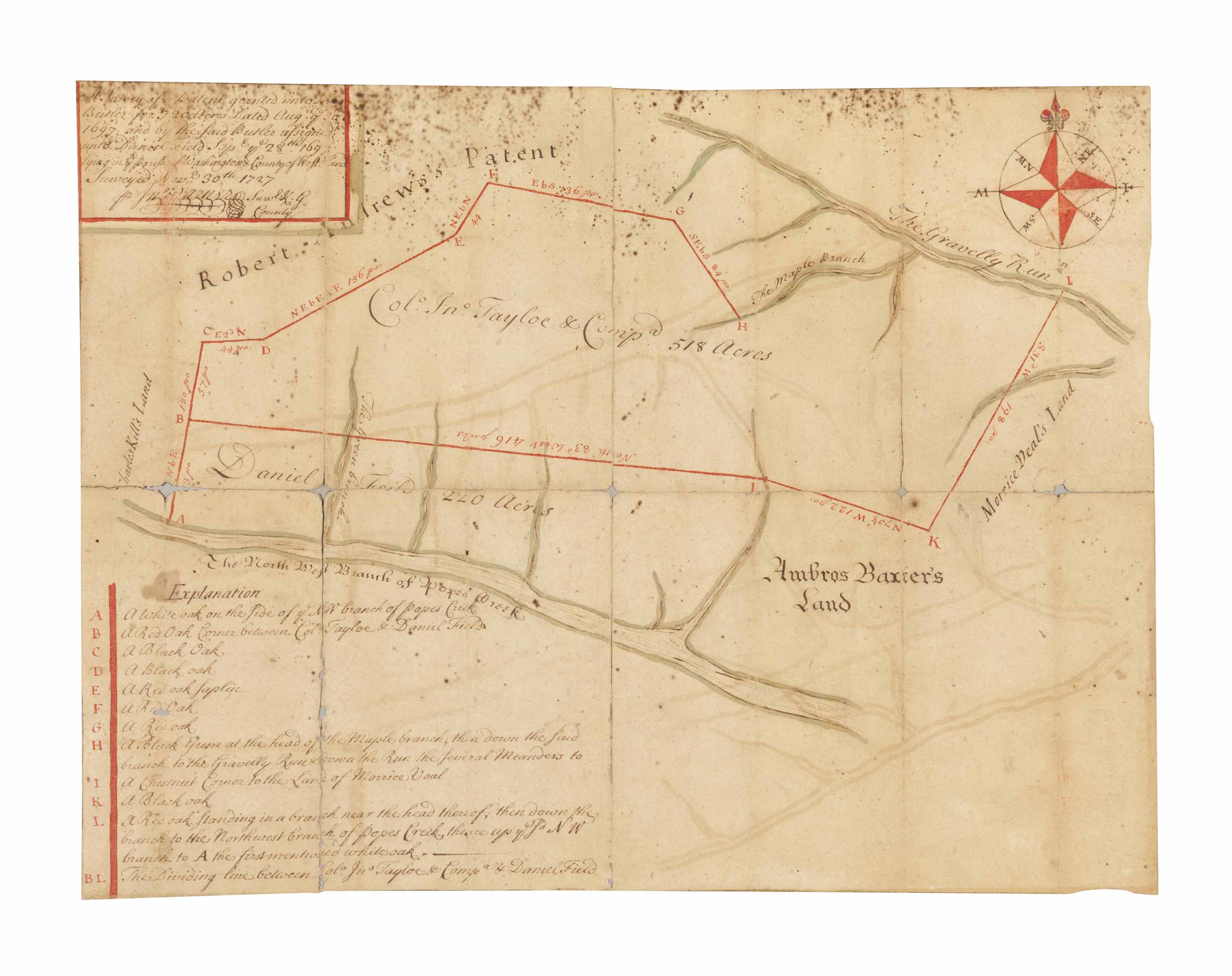Washington George Autograph Manuscript Plat Survey Of Washington S Birthplace The Wakefield Estate On Pope S Creek Westmoreland