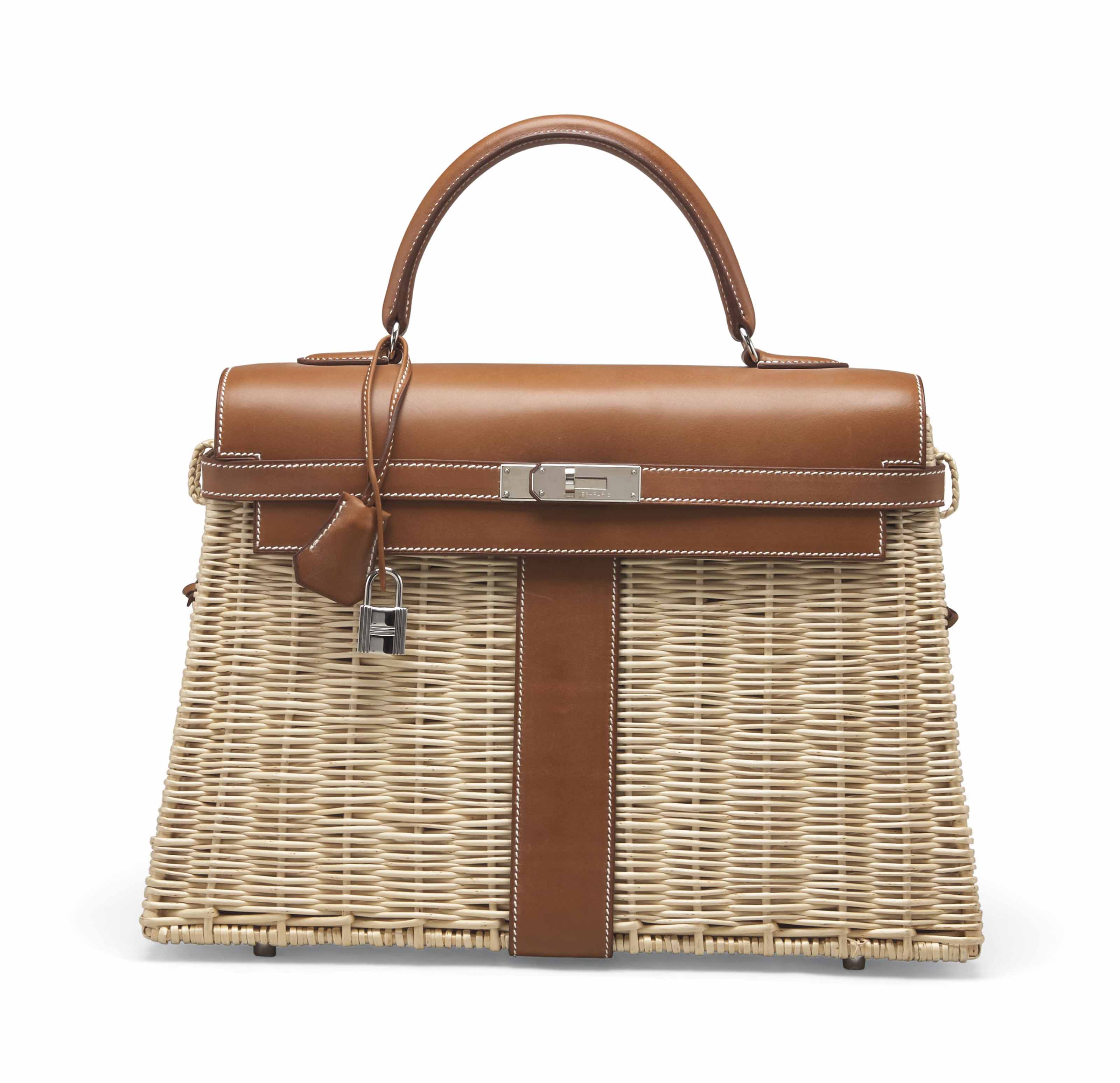 RARE SAC KELLY PICNIC EN 35 CUIR BARÉNIA ET OSIER, GARNITURE EN MÉTAL