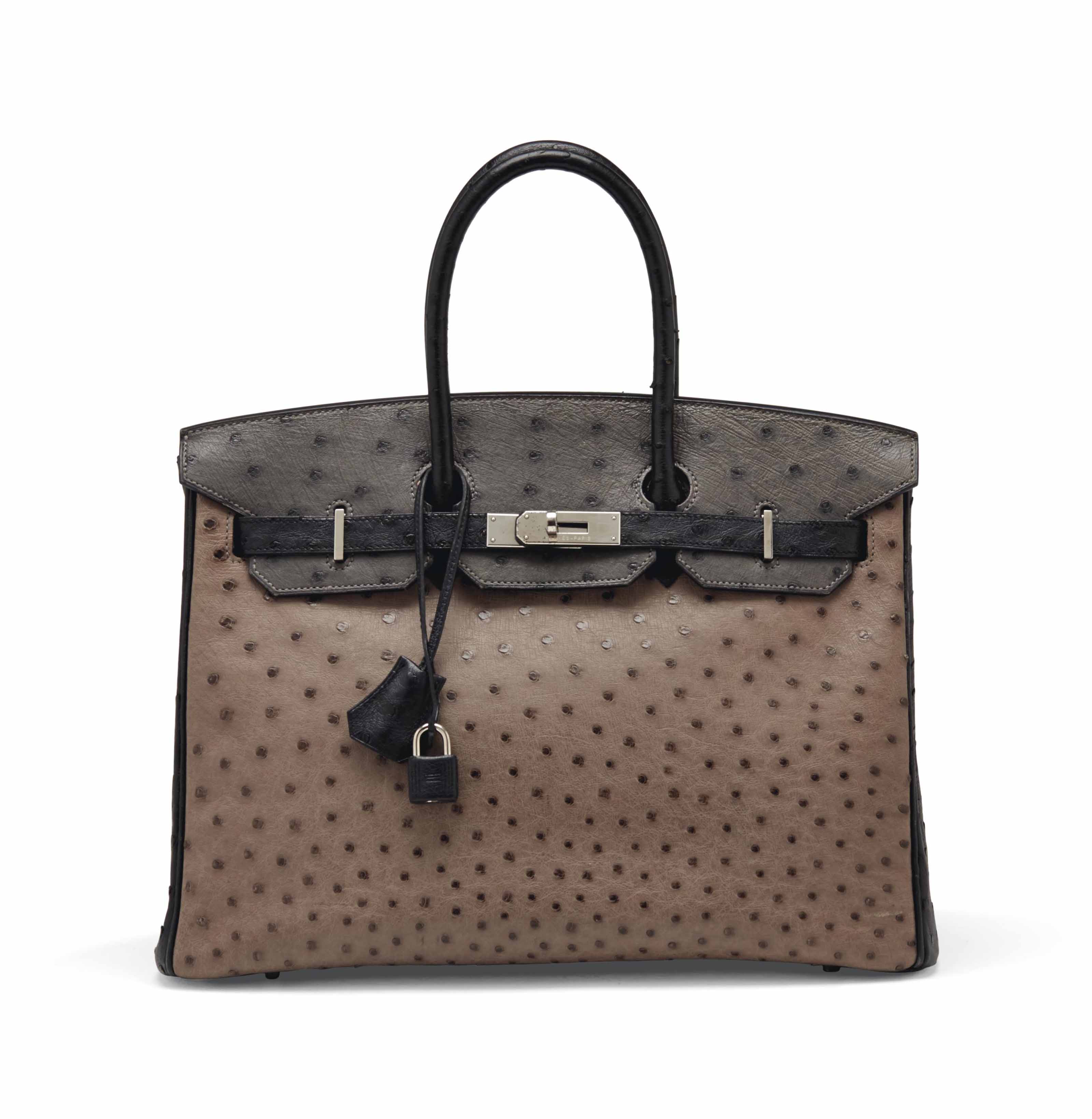 SAC BIRKIN 35, COMMANDE SP??CIALE, EN CUIR D'AUTRUCHE TRICOLORE NOIR, GRAPHITE & GRIS TOURTERELLE 