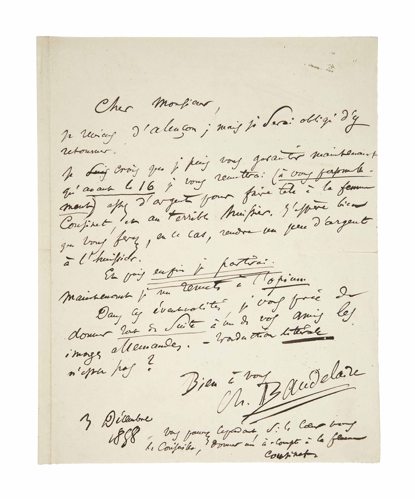 Charles BAUDELAIRE (1821-1867). Lettre autographe signée ...