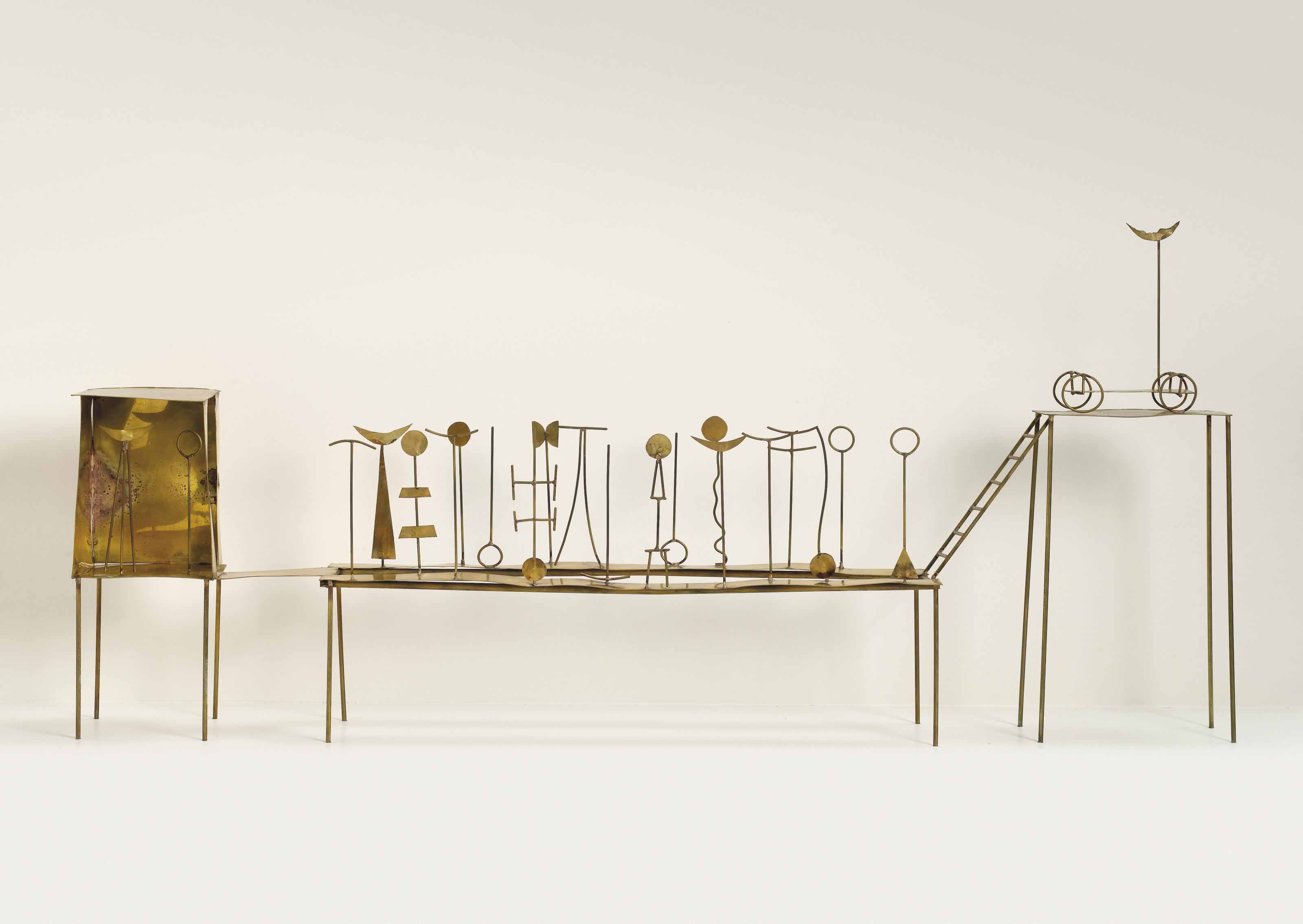 Fausto Melotti, Il viaggio della luna, 1973, firmata Melotti (a sinistra) ottone. 35 x 75 x 8 cm. Sold for &euro;606,000 on 29 April 2015. Artwork: &copy; Fausto Melotti, DACS 2021