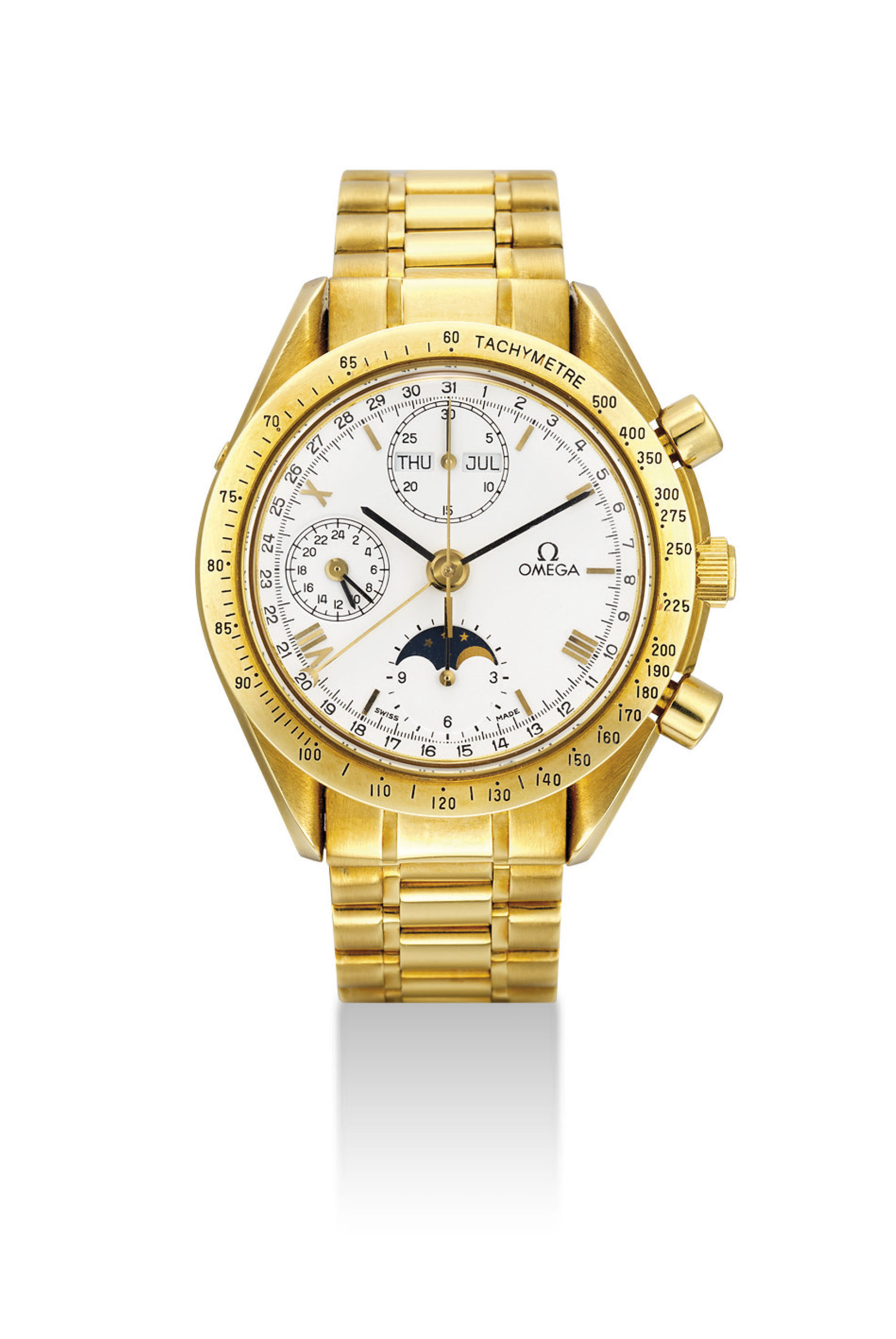 OMEGA. AN 18K GOLD AUTOMATIC TRIPLE CALENDAR CHRONOGRAPH WRISTWATCH WITH MOON PHASES, 24 HOUR
