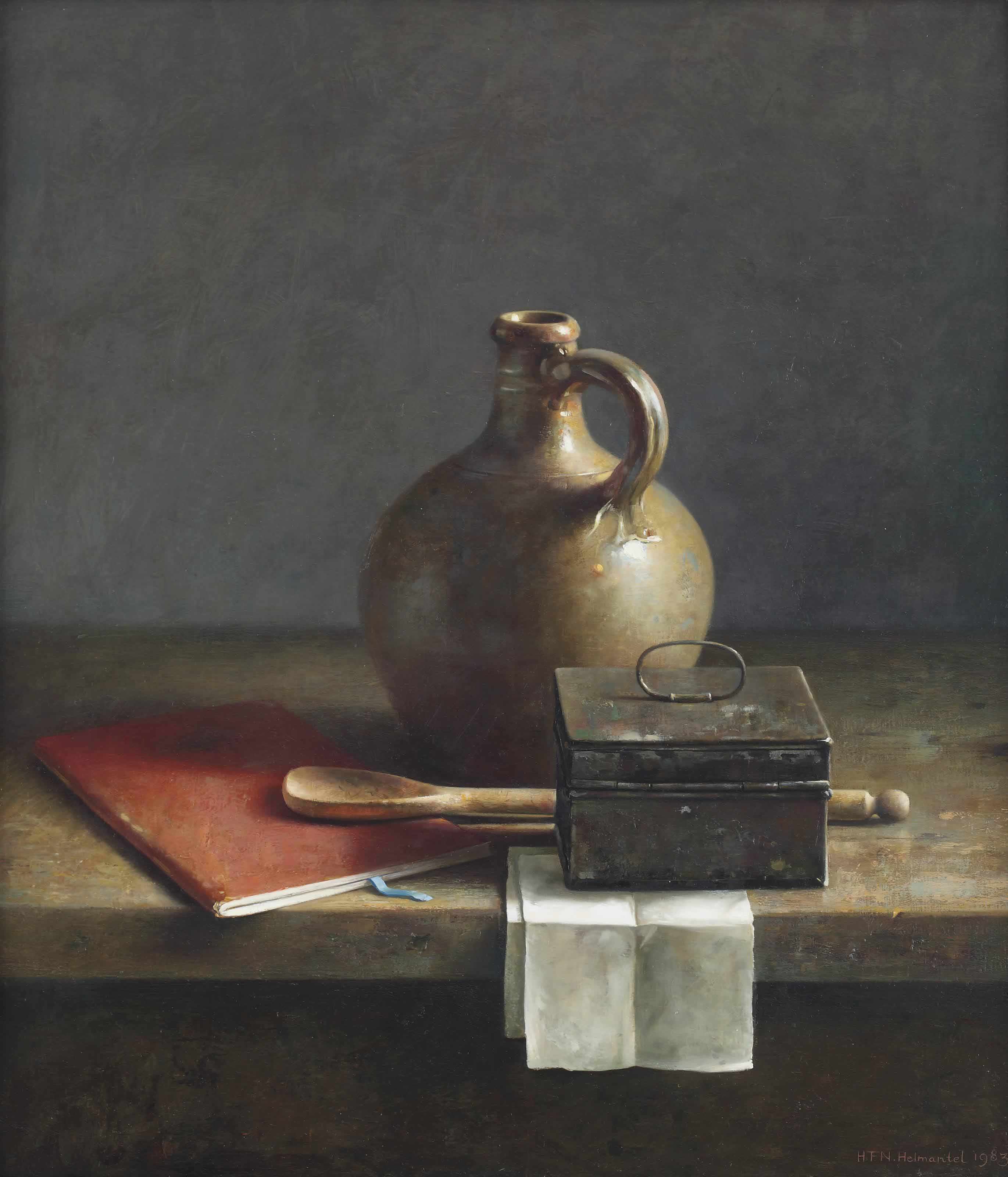 Henk Helmantel B 1945 A Still Life With A Jug A Box And A