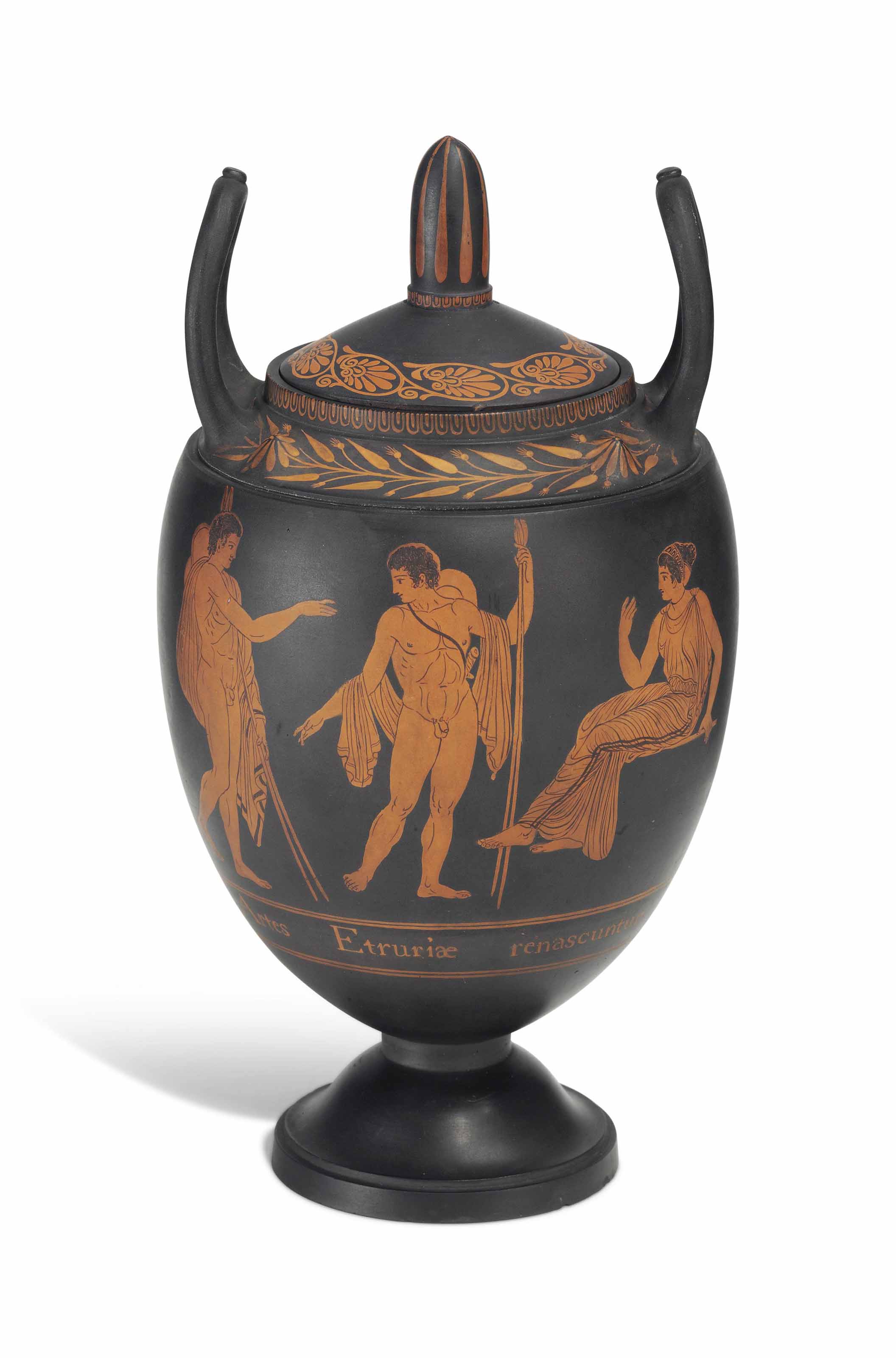 A Wedgwood Black Basaltes Encaustic Decorated First Day S Vase