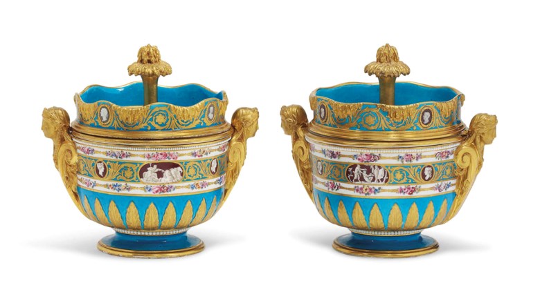 A pair of Sèvres two-handled ‘bleu céleste’ ice-pails, covers and liners from the Catherine the Great Service, circa 1778-79. Sold for £842,500 on 7 July 2016 at Christie’s in London