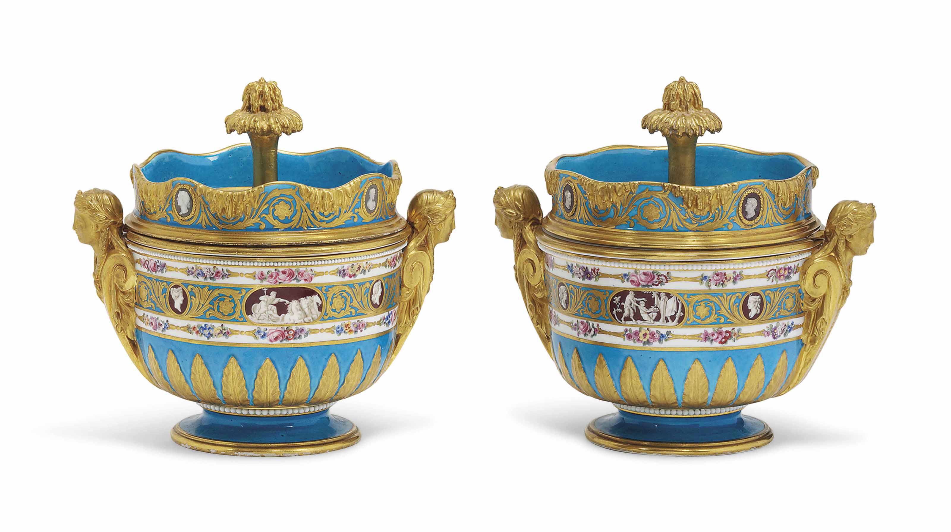 A PAIR OF SEVRES TWO-HANDLED BLEU CELESTE ICE-PAILS, COVERS AND