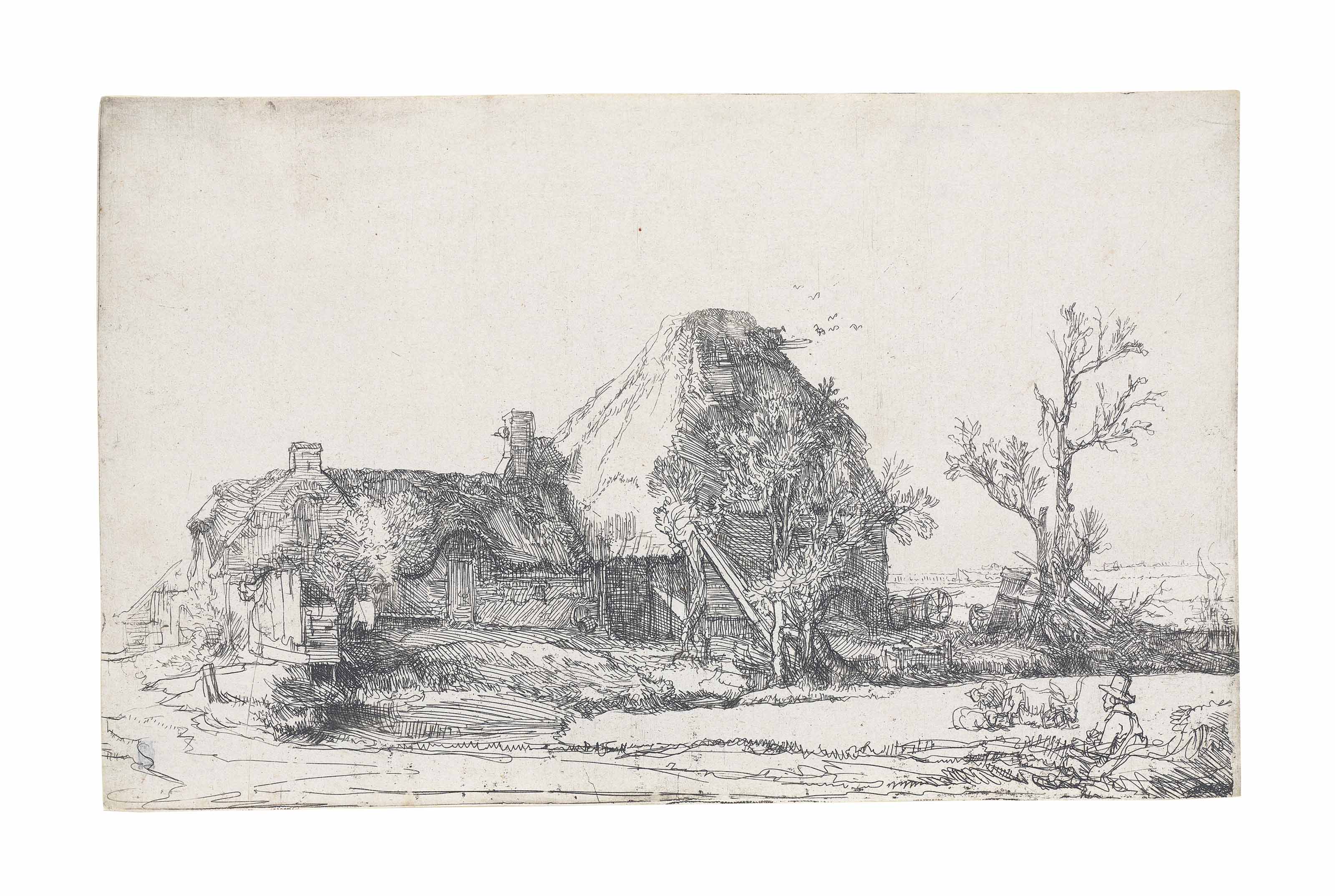 Cottages and Farm Buildings with a Man sketching