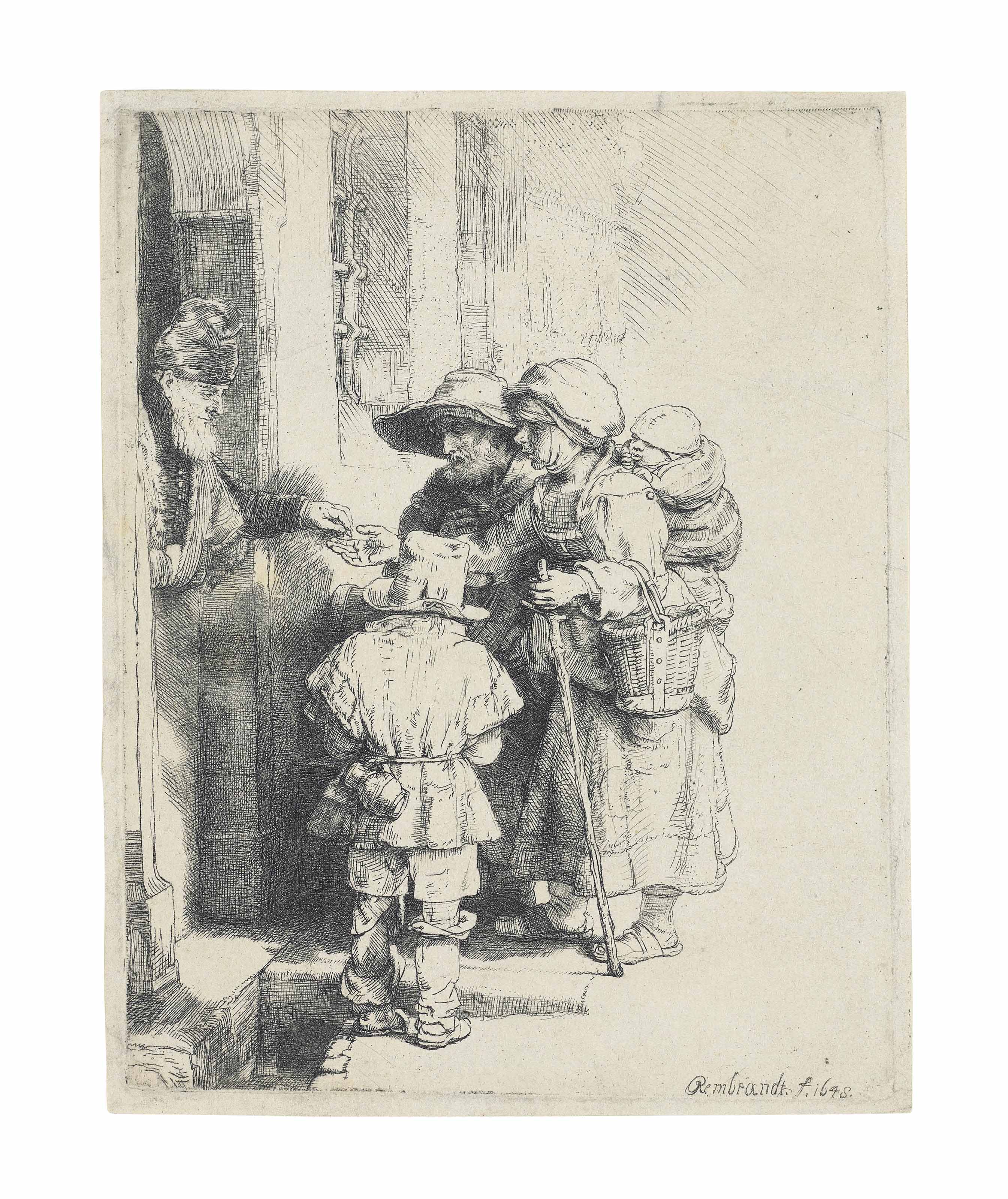 A blind Hurdy-Gurdy Player and Family receiving Alms