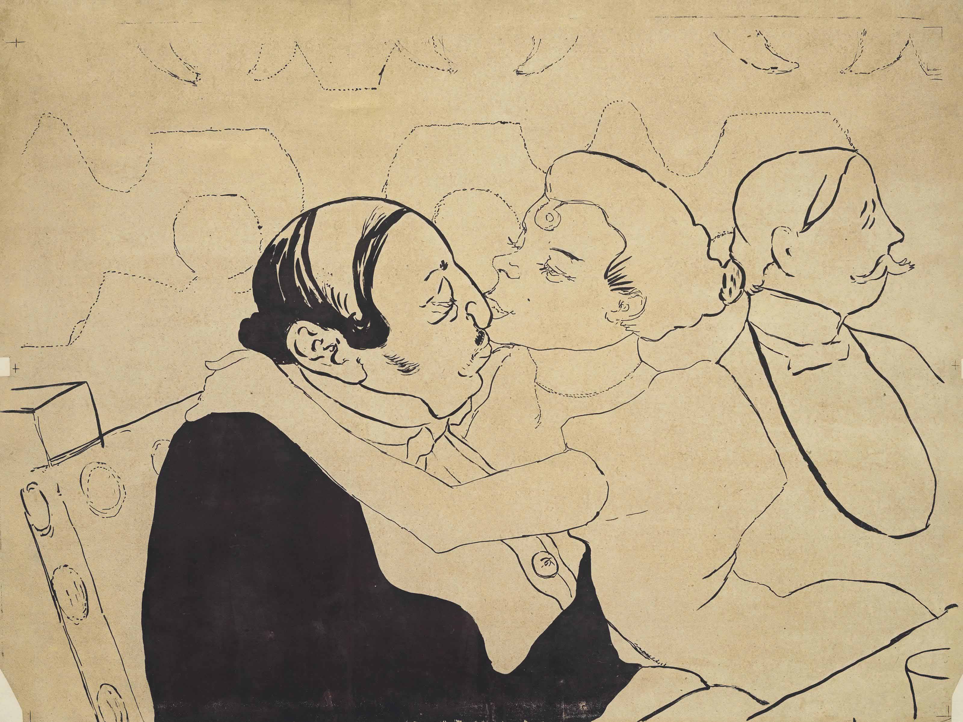 Картина где мужчина целует женщину на желтом фоне