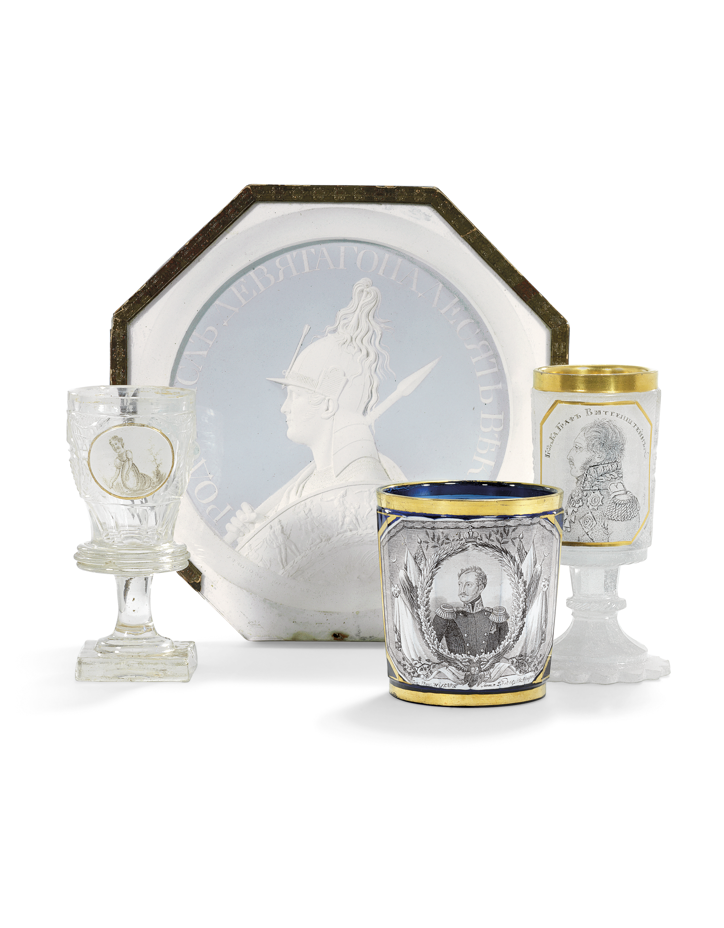 A GROUP OF TWO GLASS GOBLETS, A COBALT BLUE GLASS CUP AND A