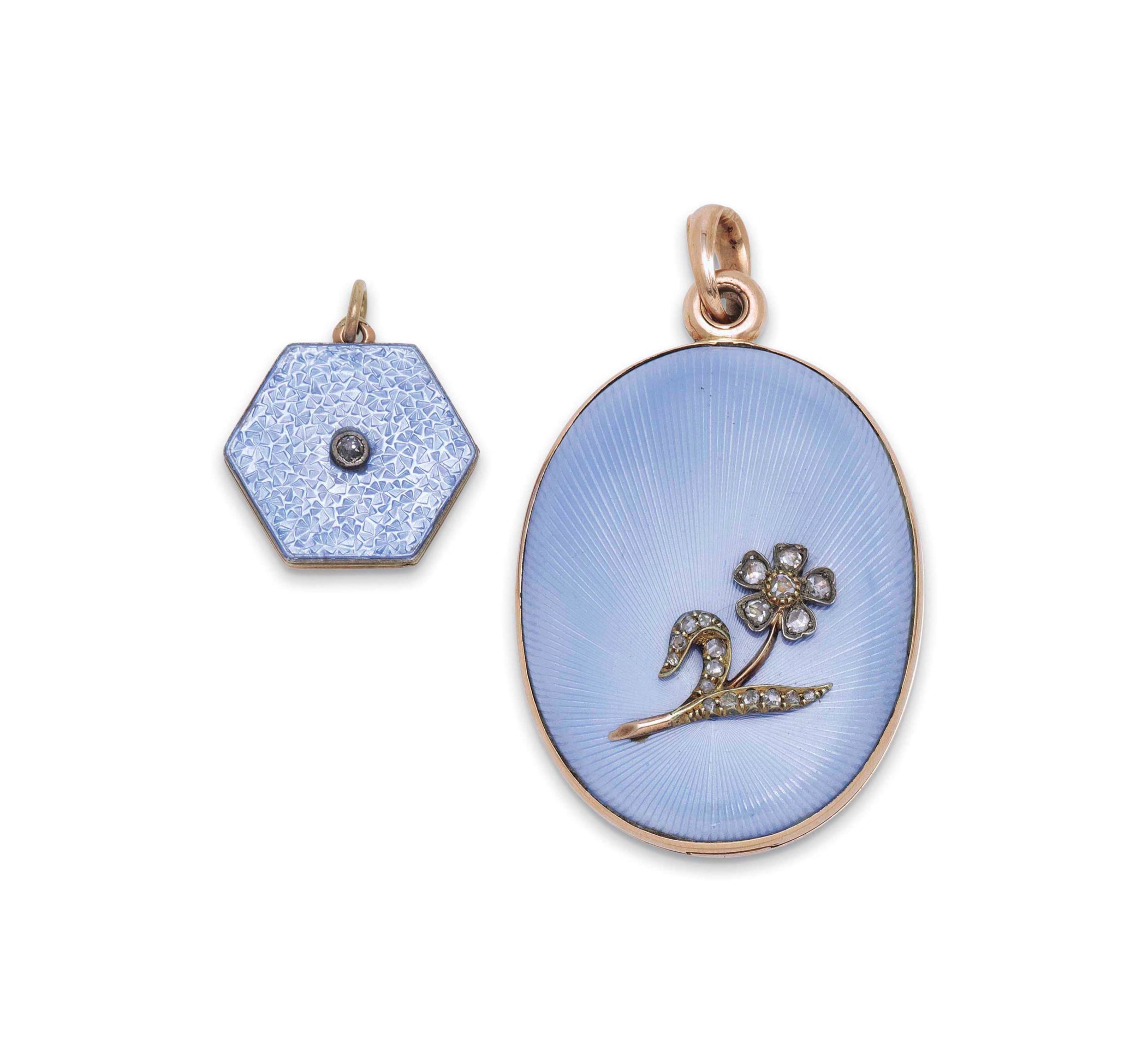 TWO JEWELLED GUILLOCHÉ ENAMEL GOLD PENDANT LOCKETS