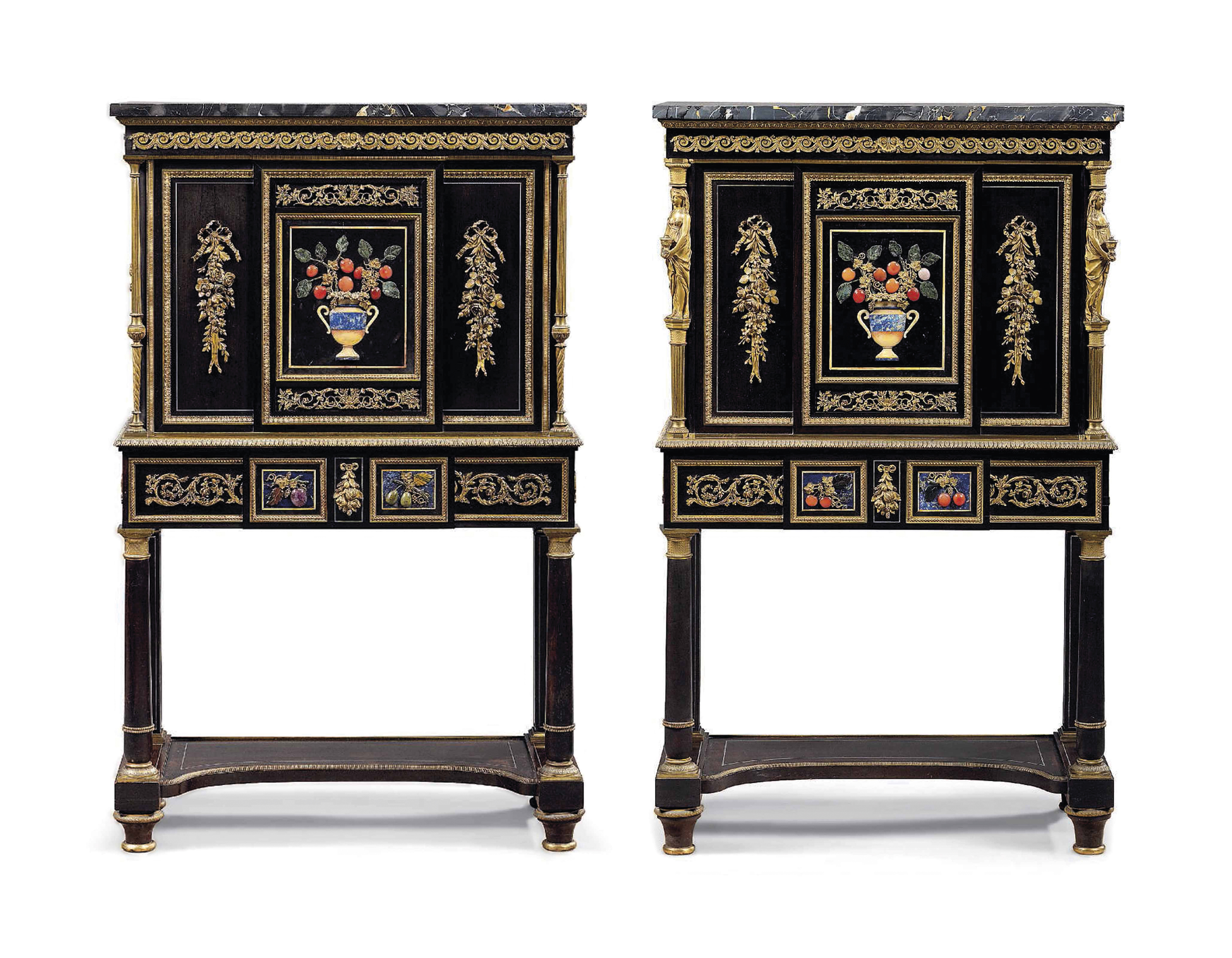 A PAIR OF CHARLES X ORMOLU-MOUNTED PEWTER-INLAID, PIETRE DUR...
