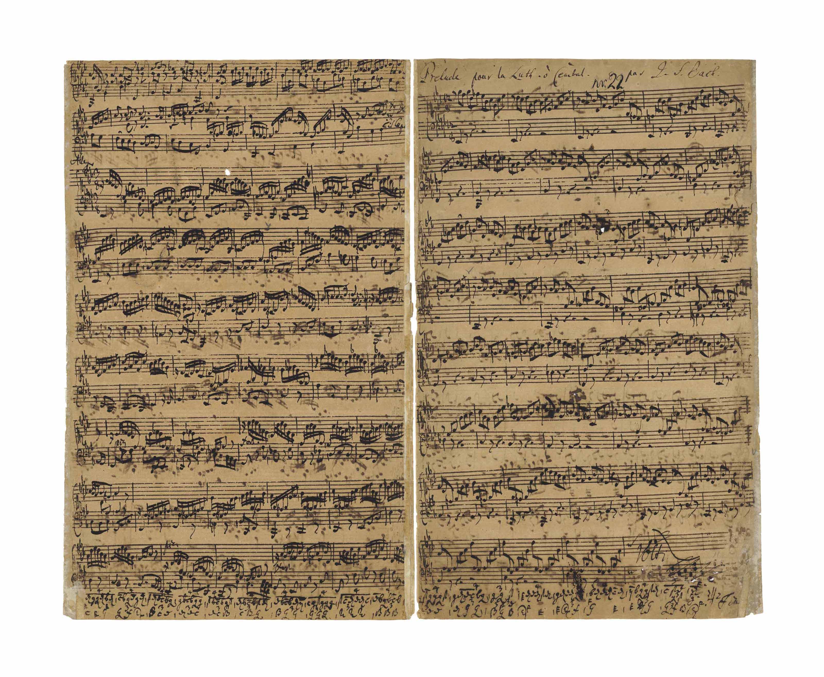 Bach, Johann Sebastian (1685-1750). Autograph music manuscript,&nbsp;Prelude, Fugue and Allegro for lute or keyboard in E flat major, BWV 998, n.d. [c.1735-1740].&nbsp;
Sold for &pound;2,518,500 on 13 July 2016 at Christie&rsquo;s in London