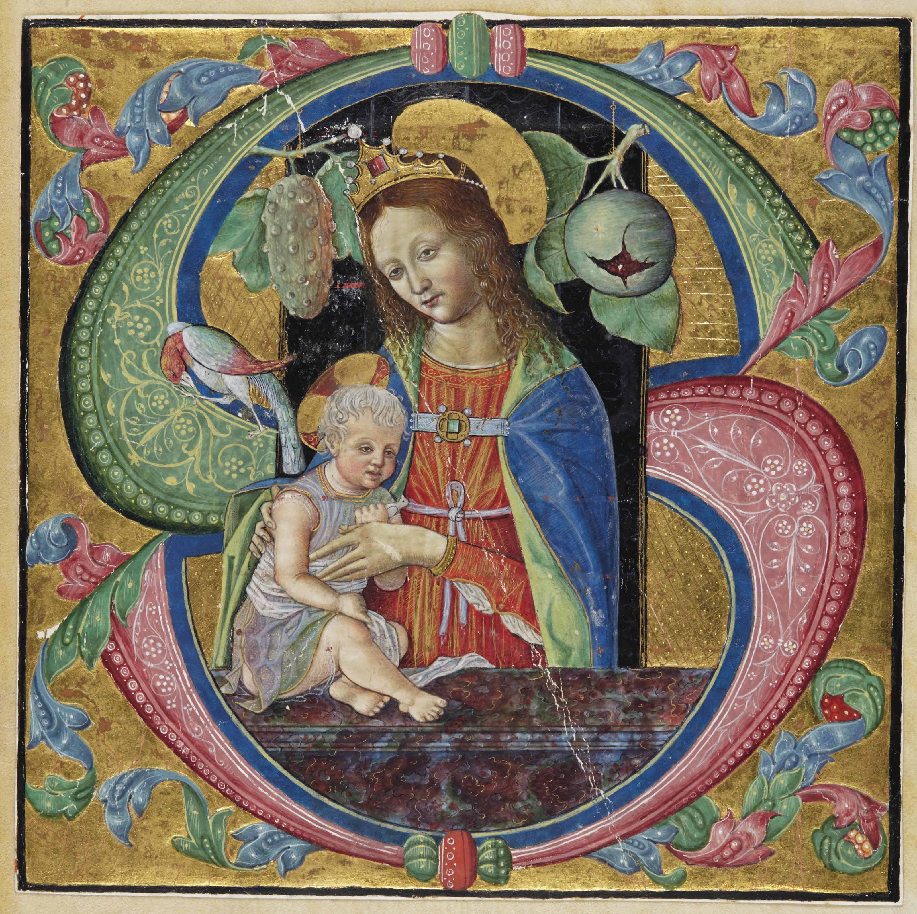 MADONNA AND CHILD, initial 'S' on a cutting from an illuminated