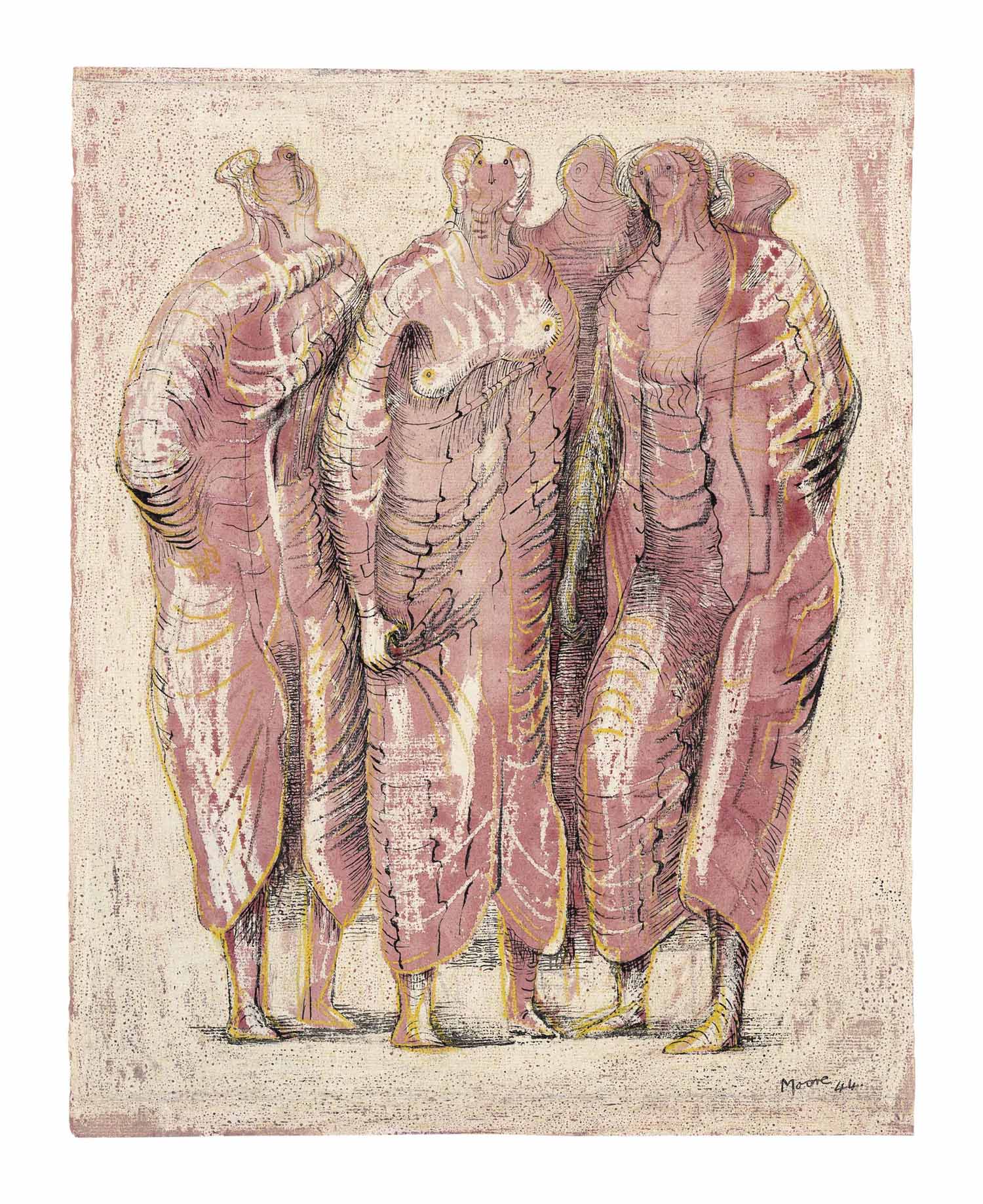 Draped Standing Figures in Red