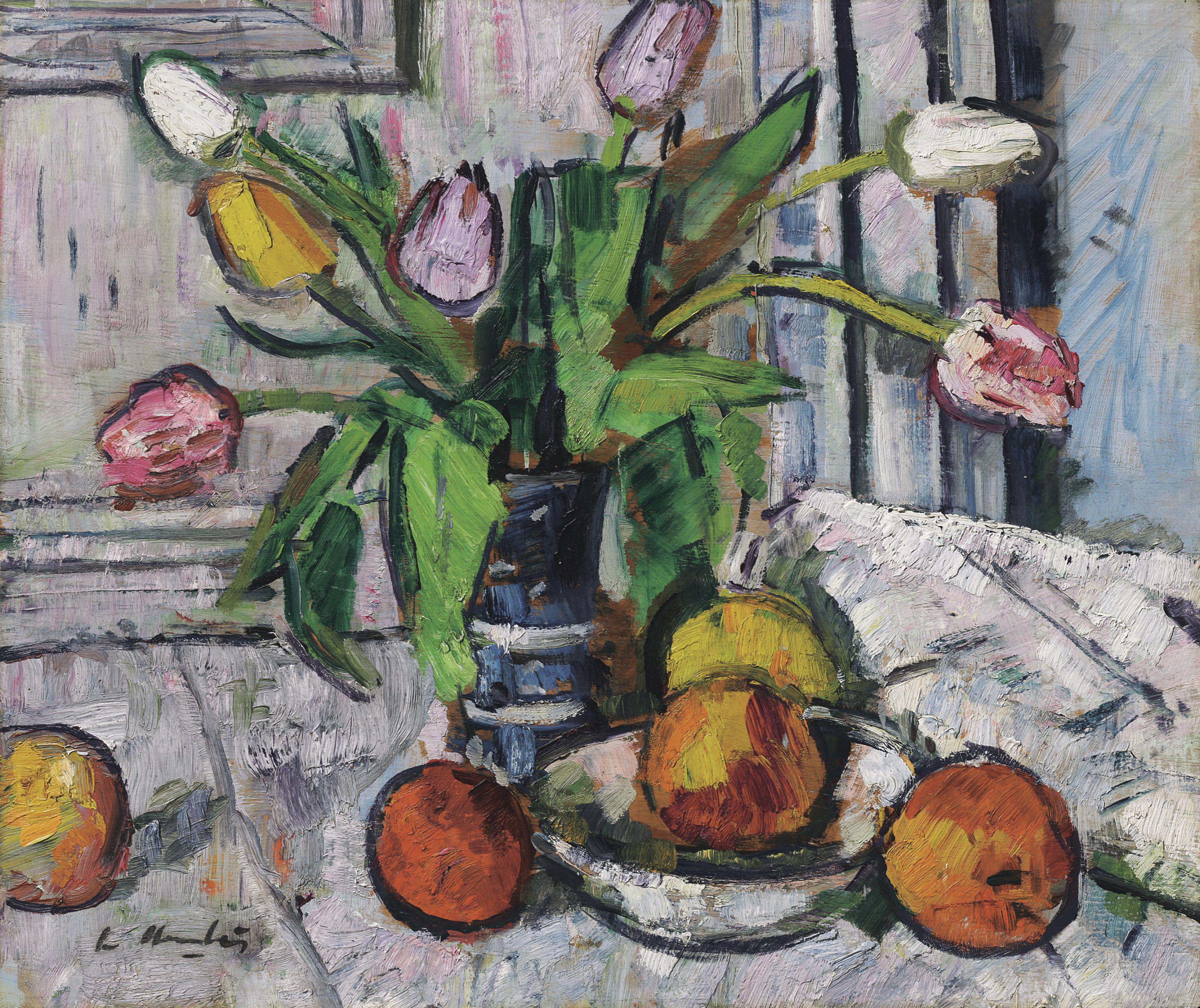 Leslie Hunter (18771931) , Tulips in a blue vase Christie's