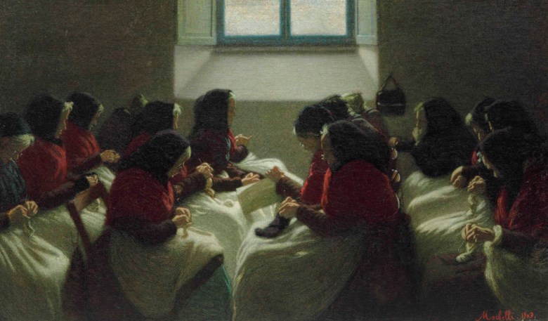 Angelo Morbelli (Italian, 1854-1919), Vecchie Calzette. 24 ¼ x 39 ¼  in (61.6 x 99.7  cm). Sold for £341,000 on 13 December 2016 at Christie’s in London
