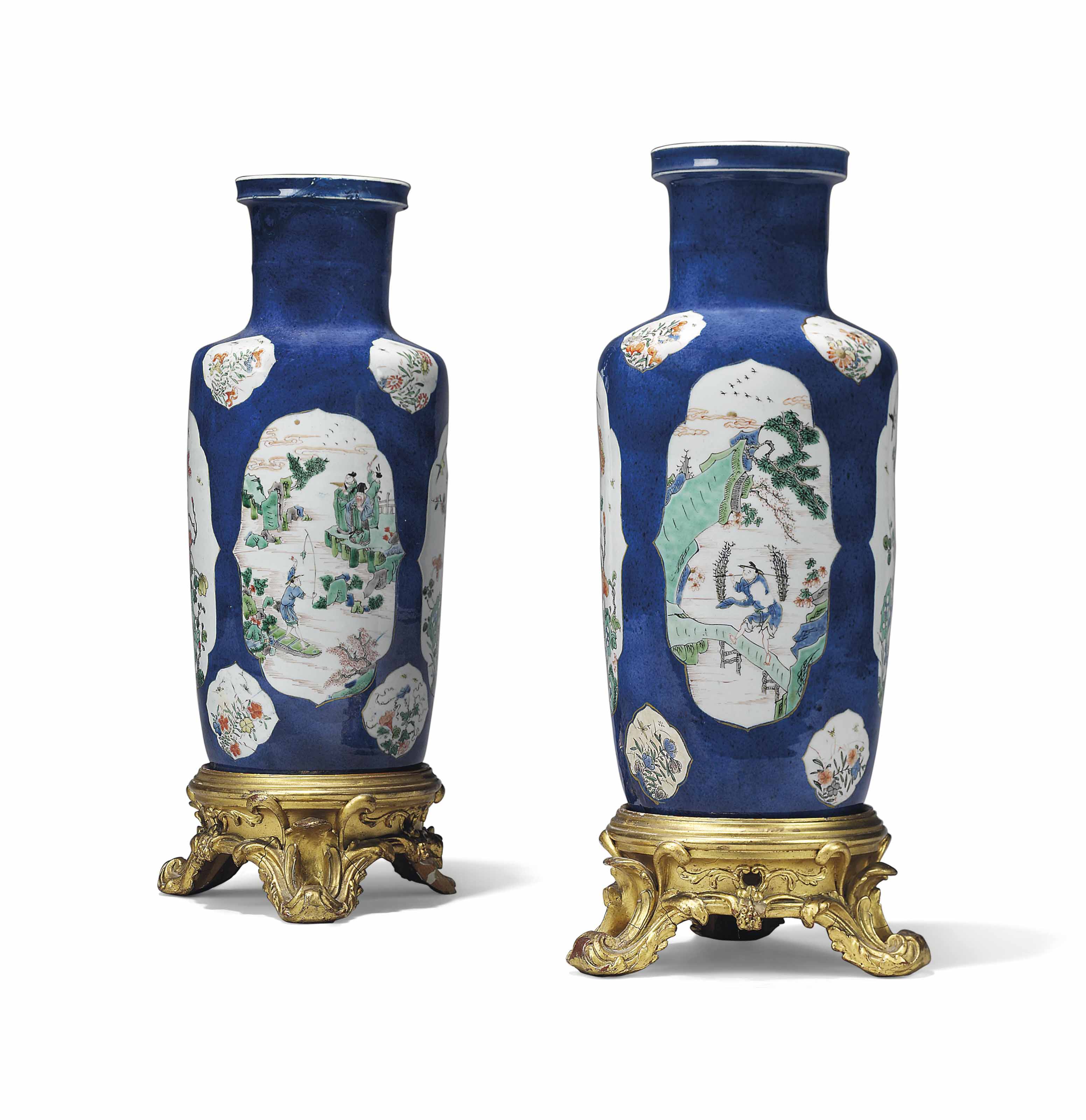 A PAIR OF CHINESE FAMILLE VERTE ROULEAU VASES , THE PORCELAIN KANGXI