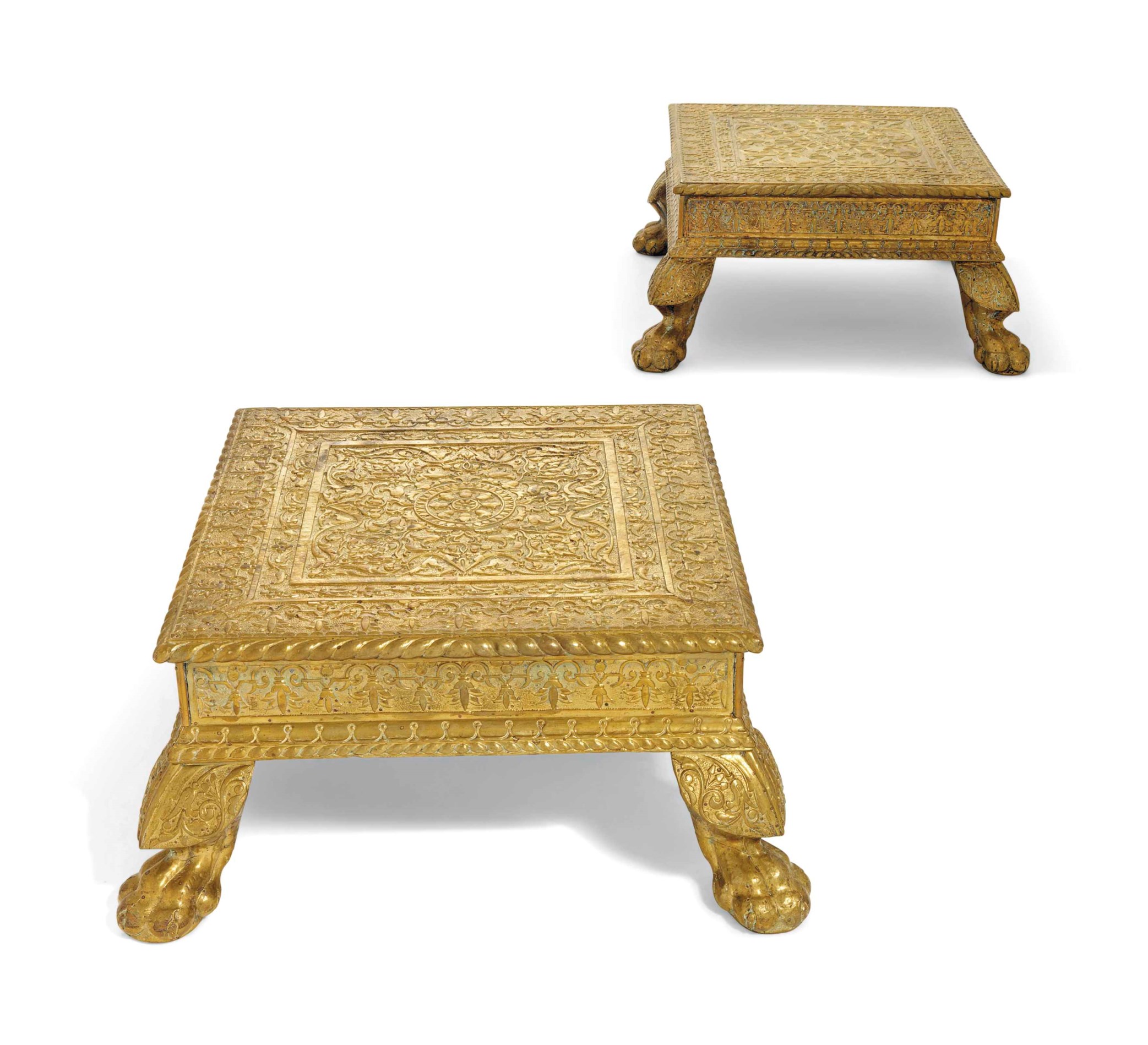 A PAIR OF BRASS VENEERED FOOTSTOOLS