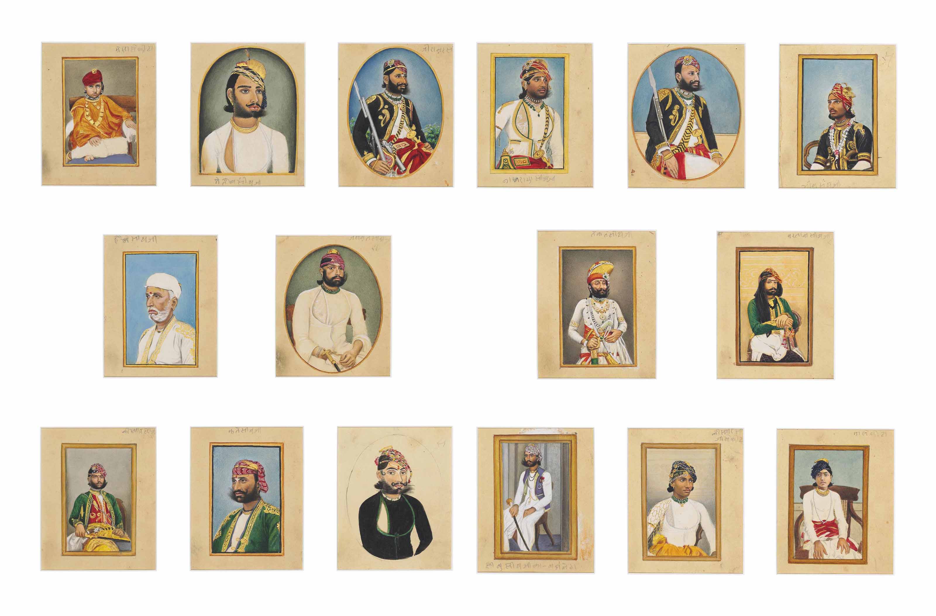 SIXTEEN PORTRAITS OF RAJPUT RULERS RAJASTHAN NORTH INDIA LATE