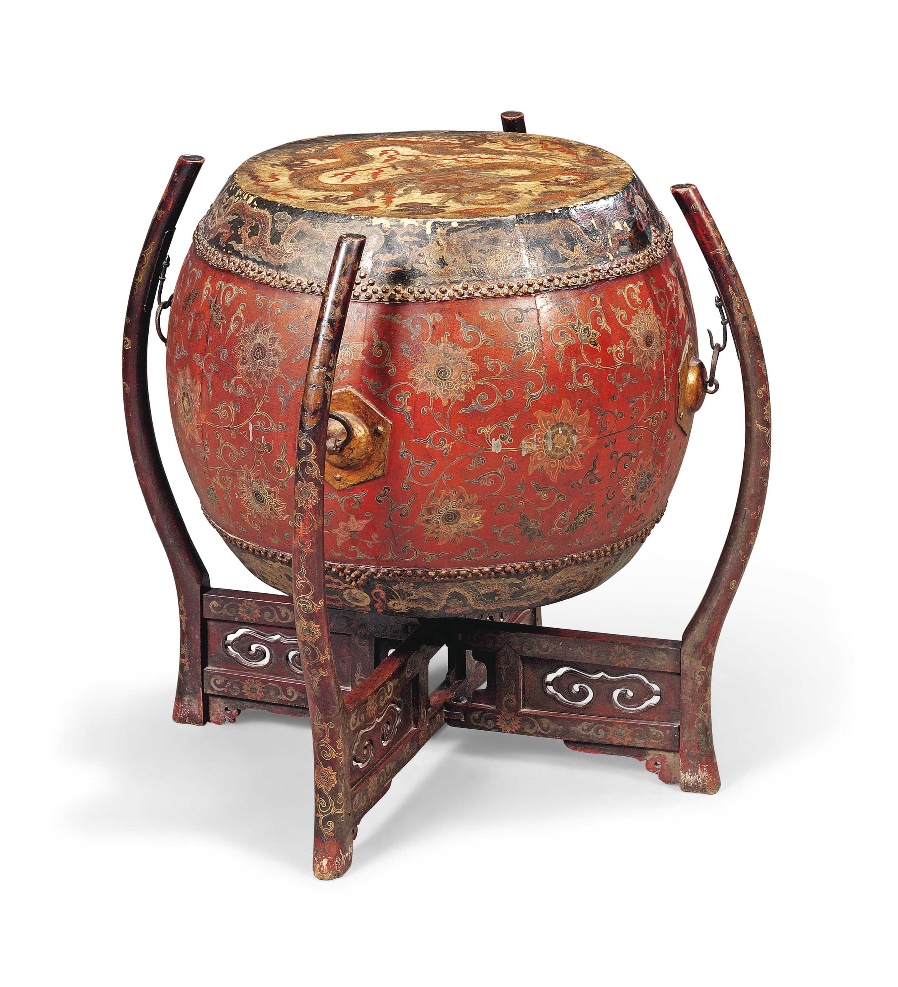 A RARE CHINESE LACQUER DRUM AND STAND