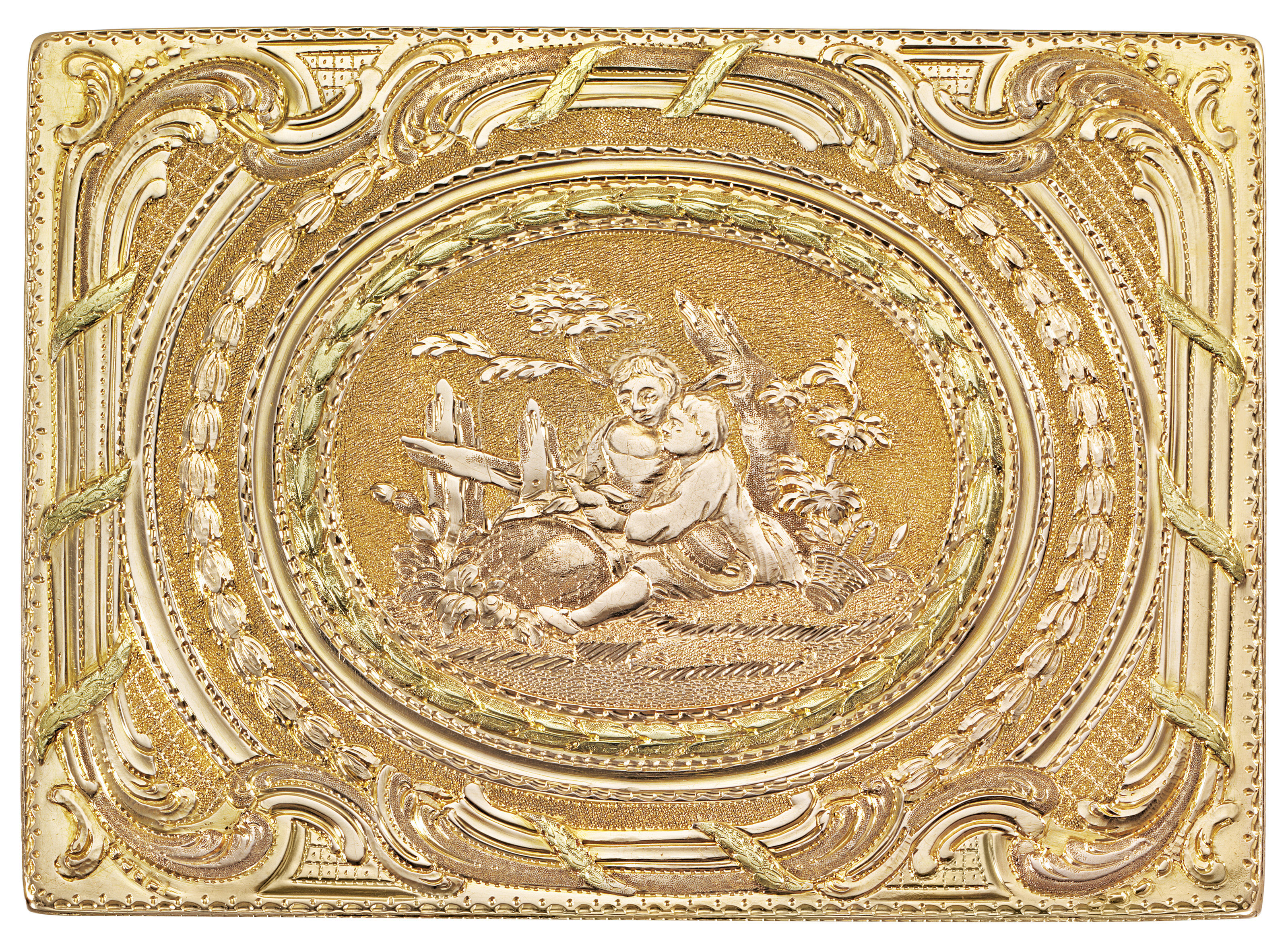 A RUSSIAN JEWELLED VARI-COLOUR GOLD SNUFF-BOX SET WITH AN ENAMEL