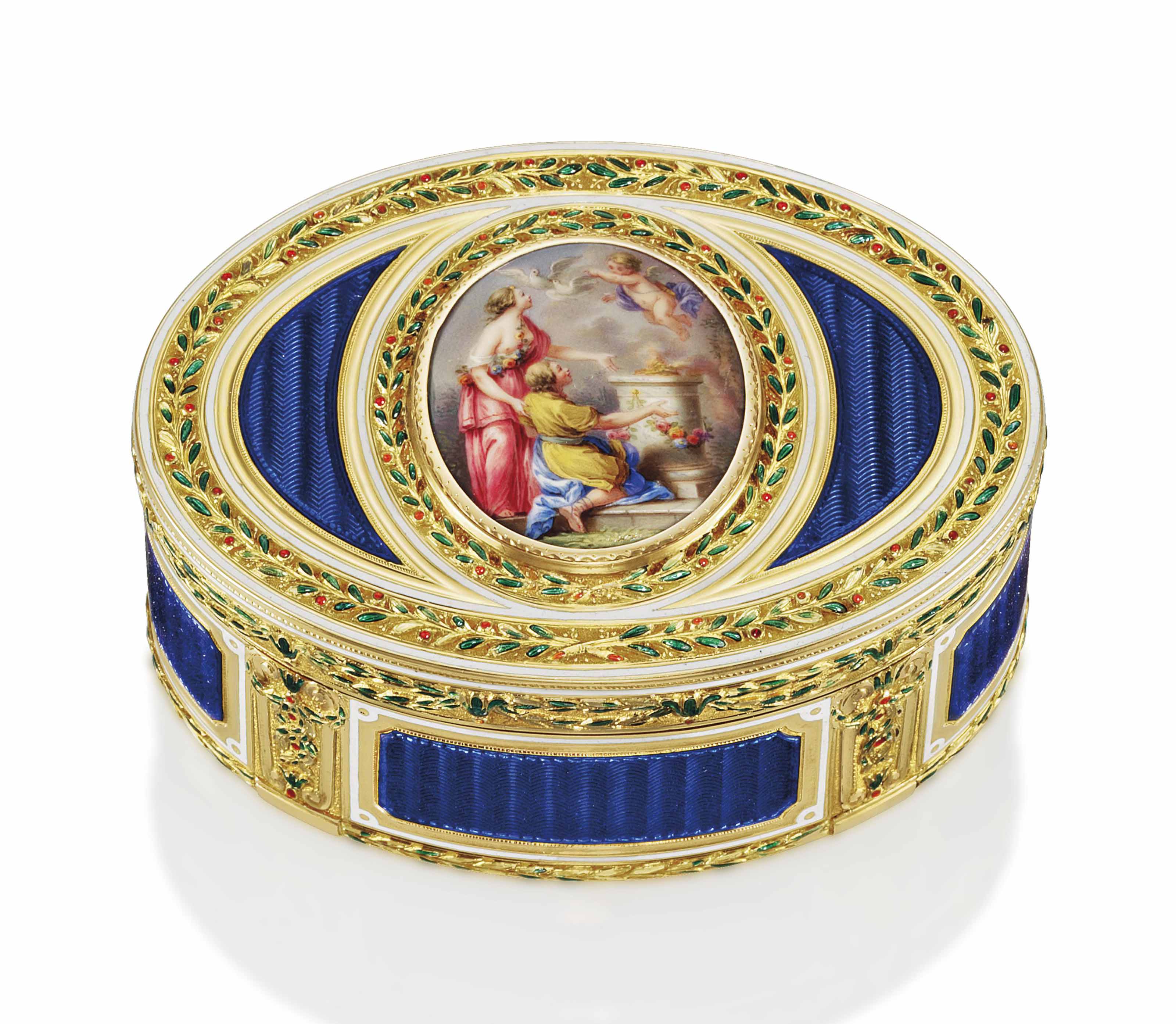 A RUSSIAN JEWELLED VARI-COLOUR GOLD SNUFF-BOX SET WITH AN ENAMEL