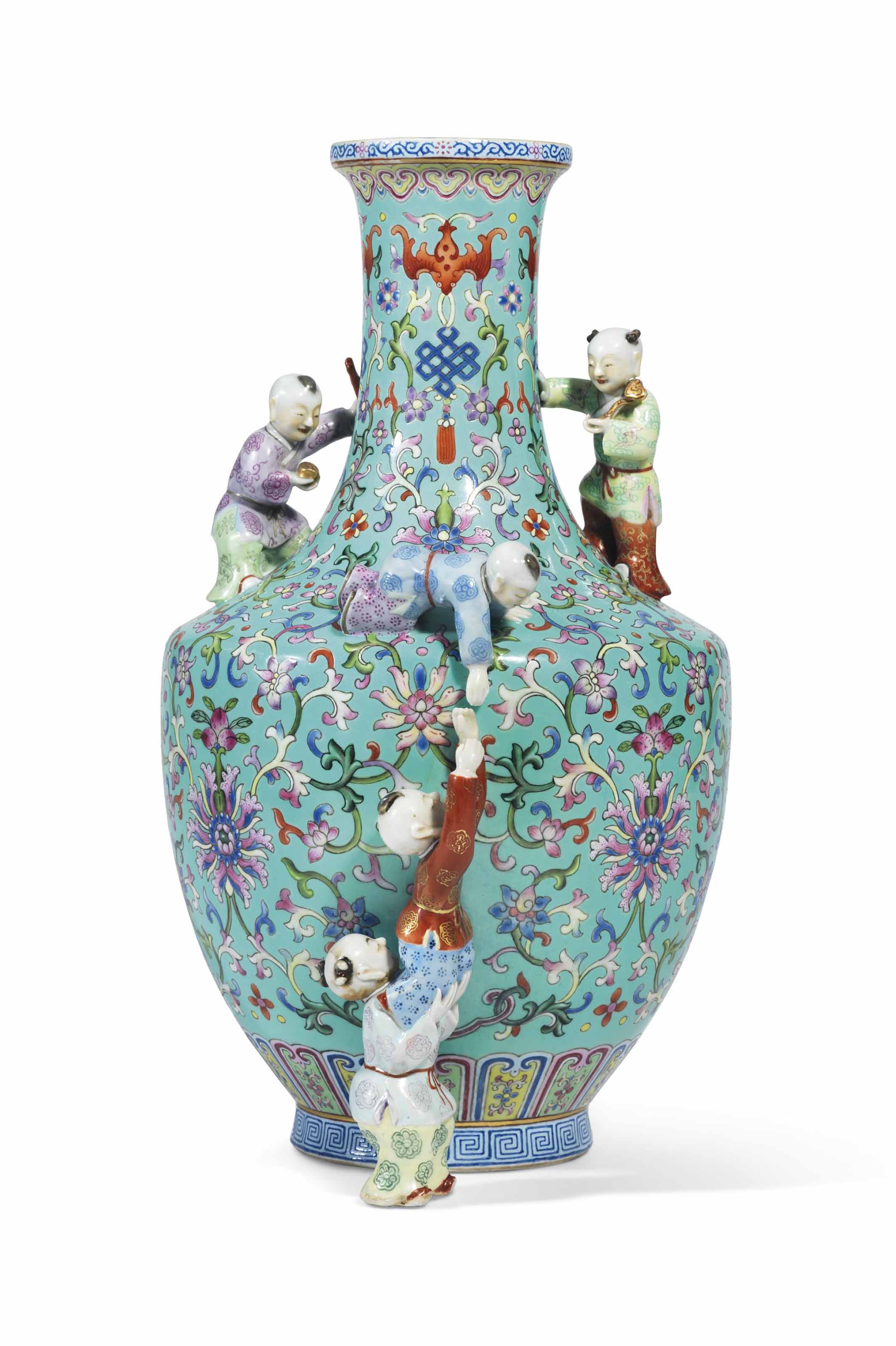 A Turquoise Ground Famille Rose Five Boys Vase