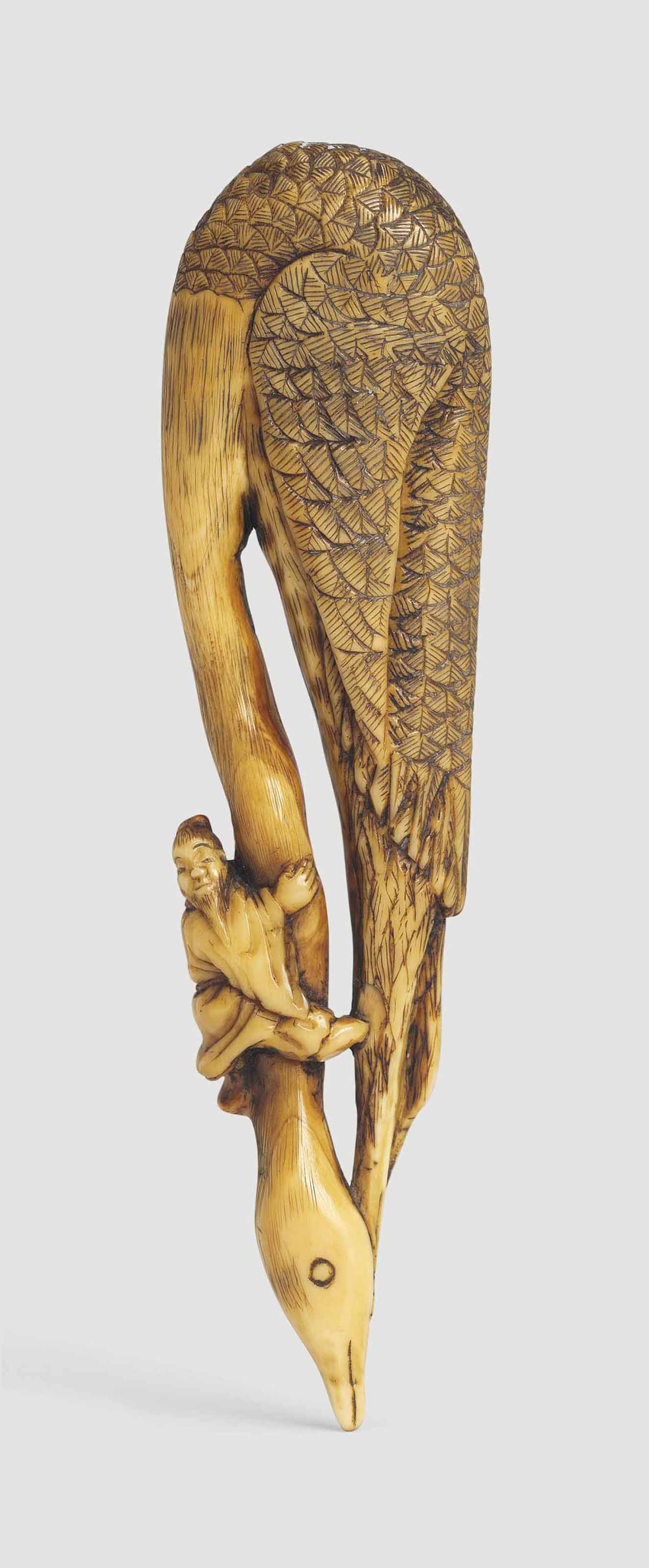 An Ivory Netsuke of a Sage on a Crane, Signed Ikko (Hasegawa Ikko