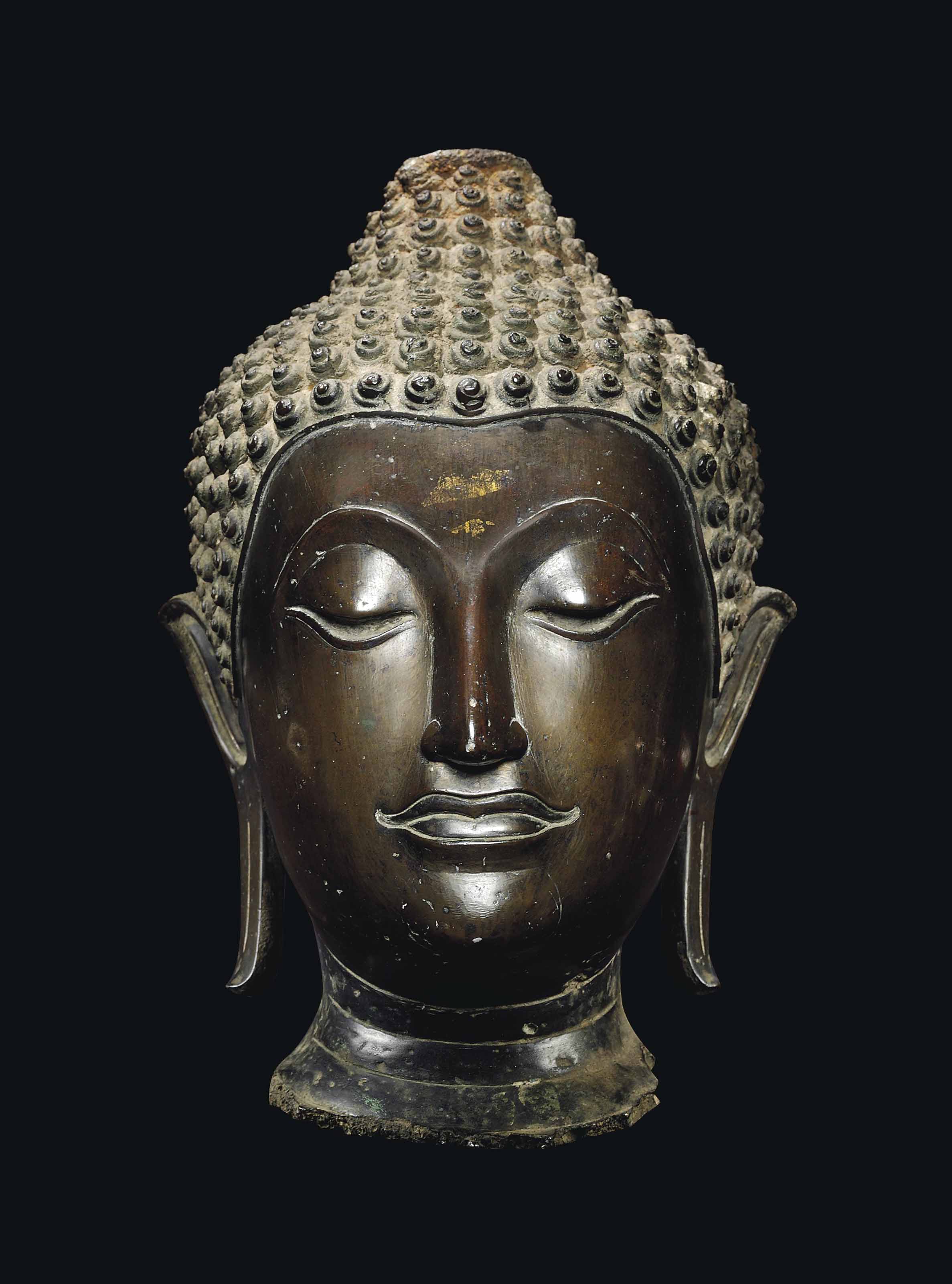 A FINE BRONZE HEAD OF BUDDHA , THAILAND, SUKHOTHAI PERIOD, 15TH CENTURY