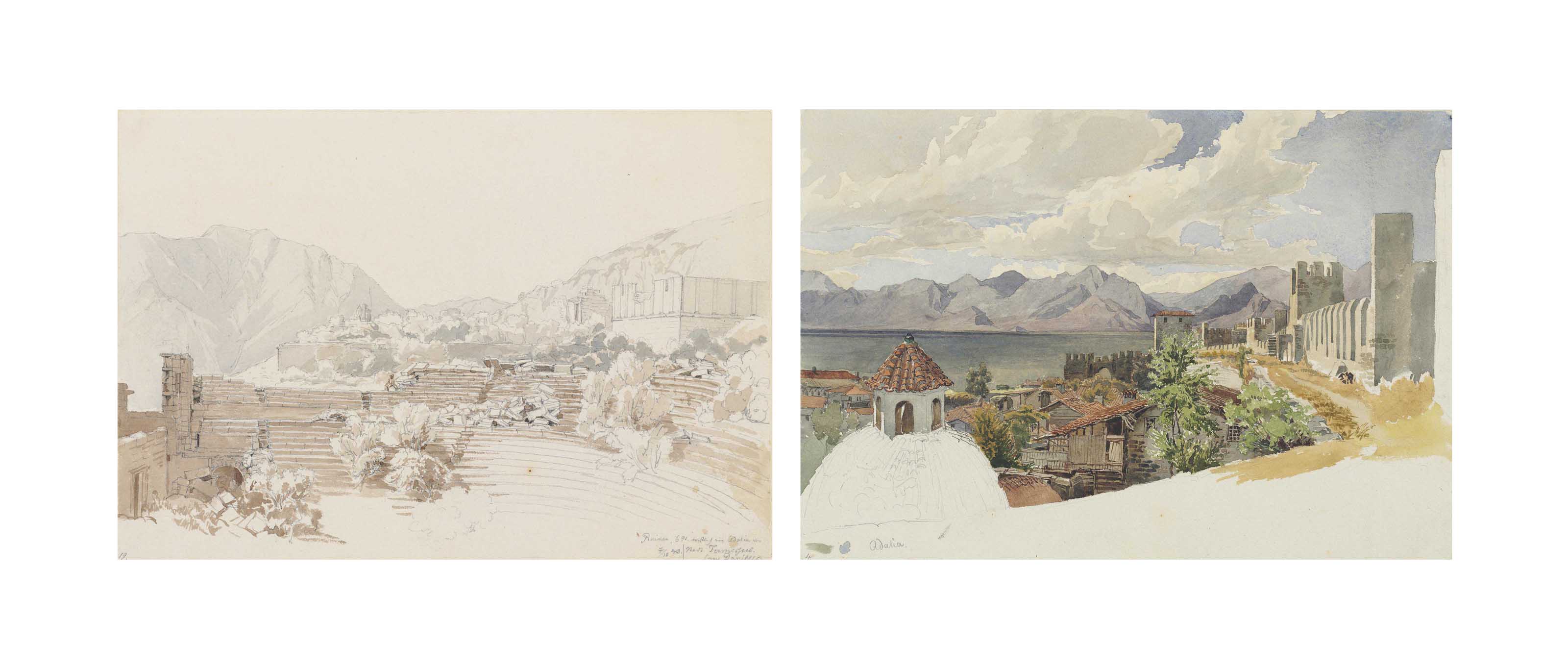 Max Schmidt Berlin 1818 1901 Konigsberg Ruins Near Termessus In Antalya With Mountains Behind And A View Of Antalya With The Mediterranean Sea And Mountains Behind 19th Century Drawings Watercolors Christie S