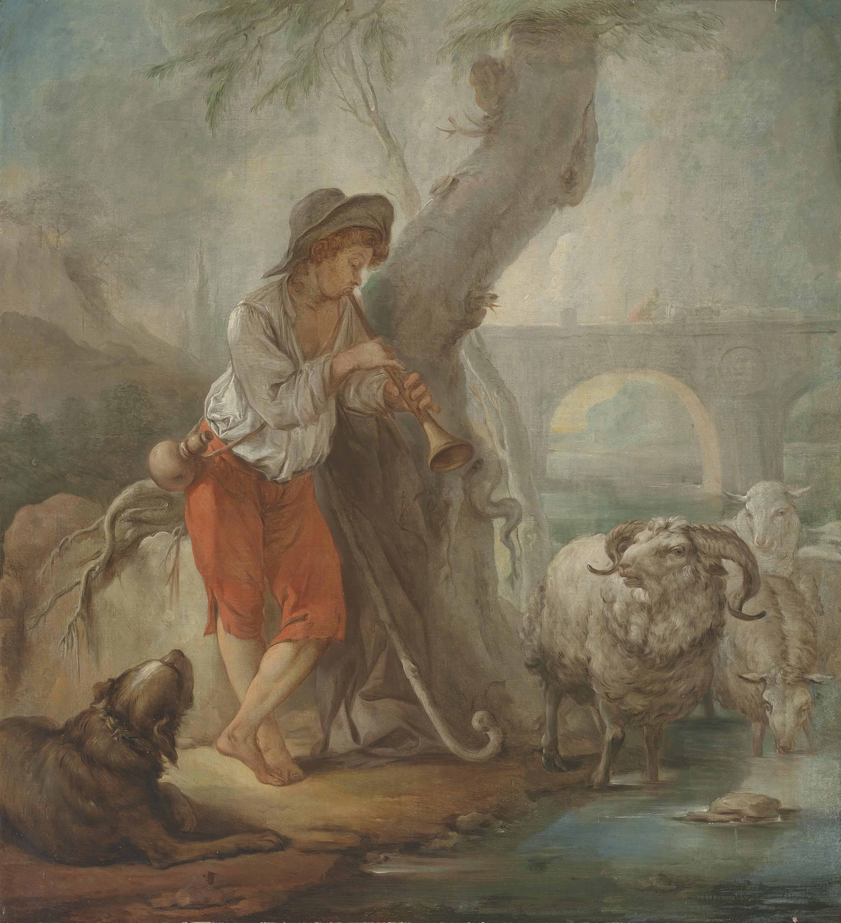 French School 18th Century A Shepherd Boy Playing A Musical
